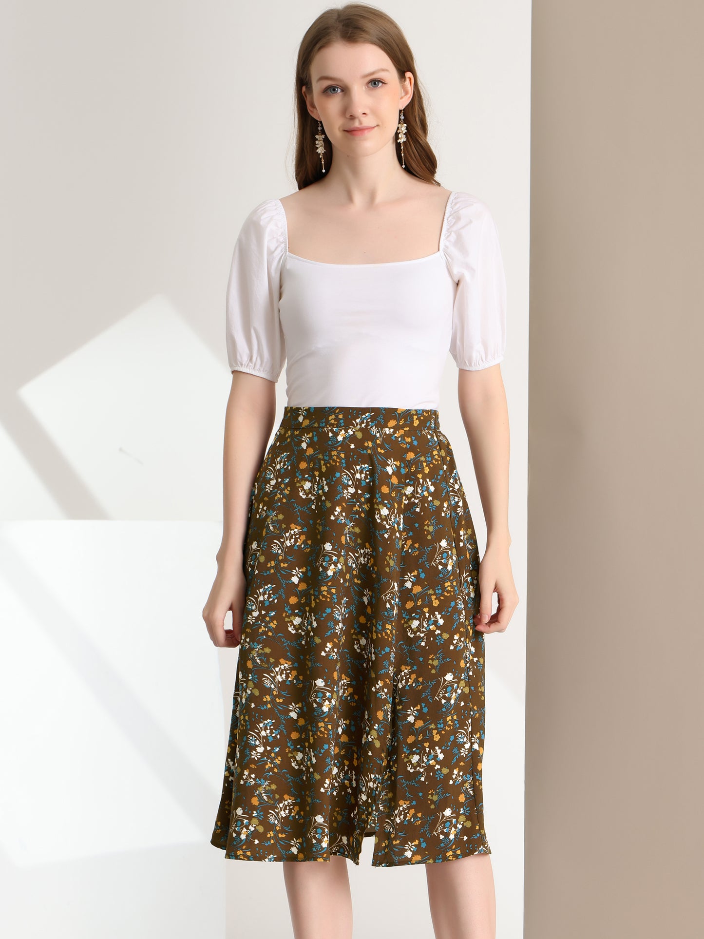 Women's Boho Floral High Waist Split A Line Midi Skirt