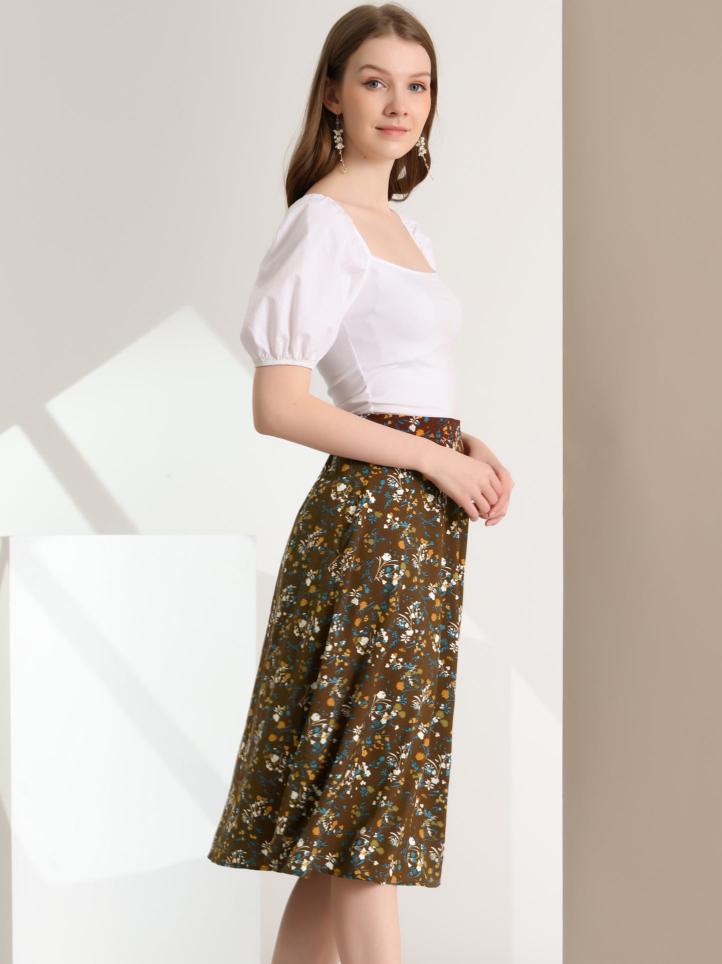 Women's Boho Floral High Waist Split A Line Midi Skirt