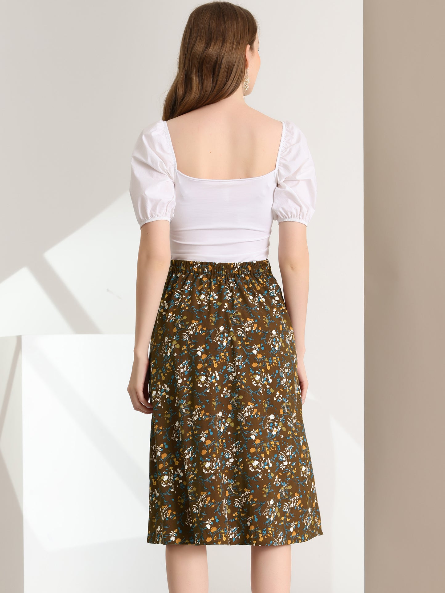 Women's Boho Floral High Waist Split A Line Midi Skirt