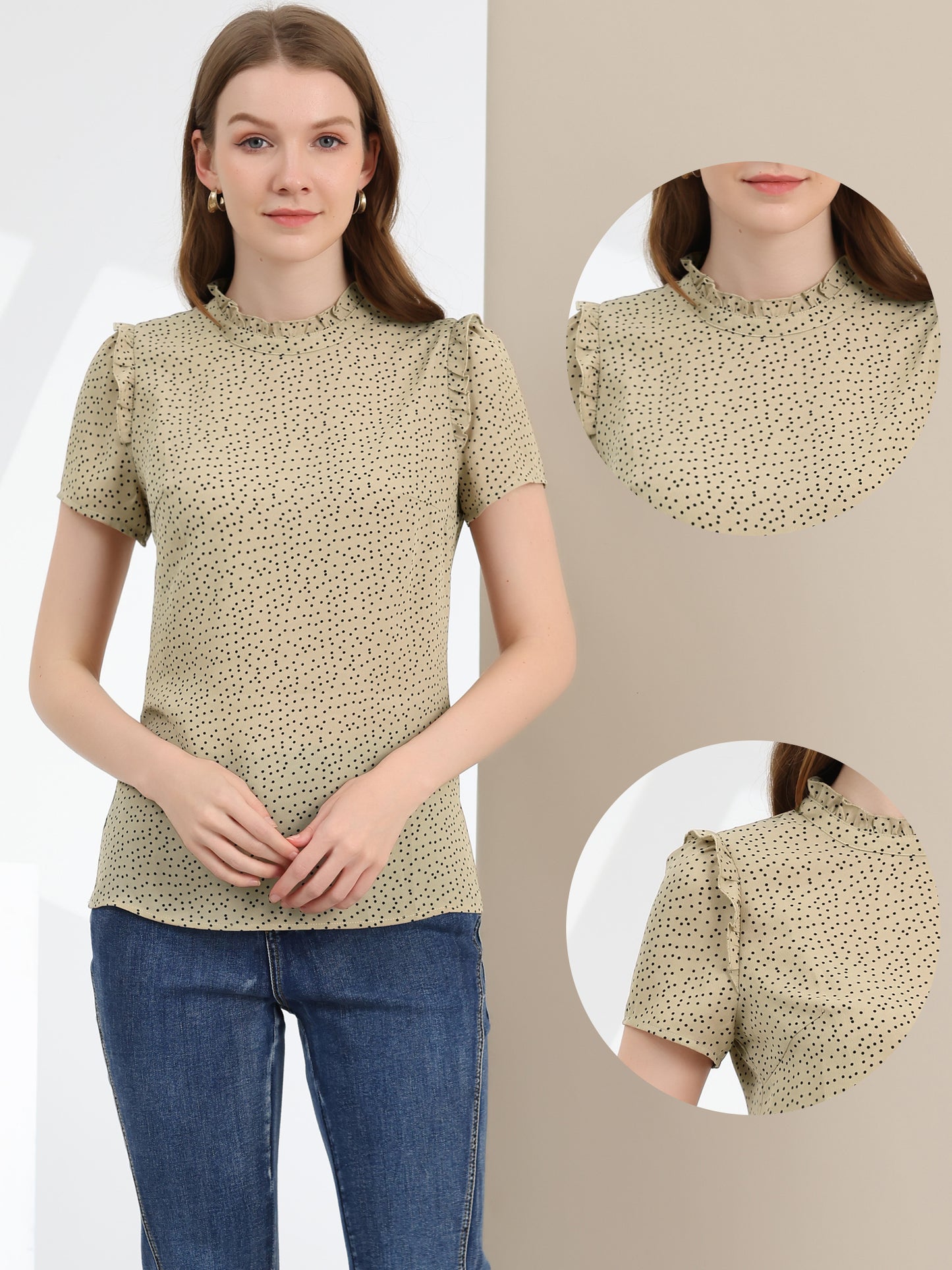 Women's Ruffled Retro Short Sleeve Polka Dots Blouse