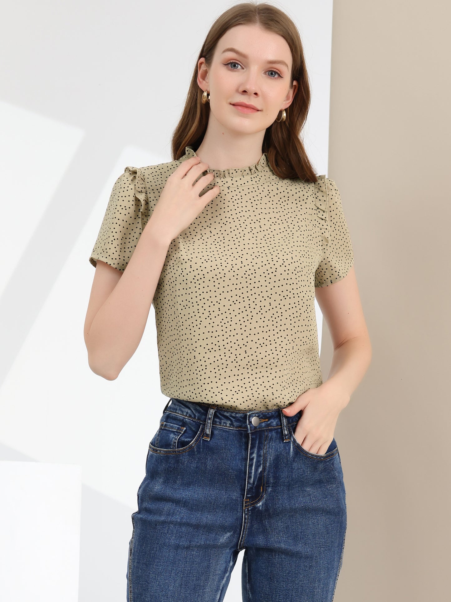 Women's Ruffled Retro Short Sleeve Polka Dots Blouse