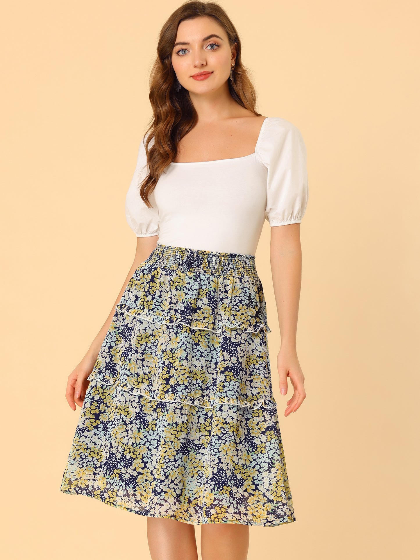 Faldas florales para mujer, primavera, fruncidas, cintura elástica, corte A, por debajo de la rodilla, falda con volantes escalonados