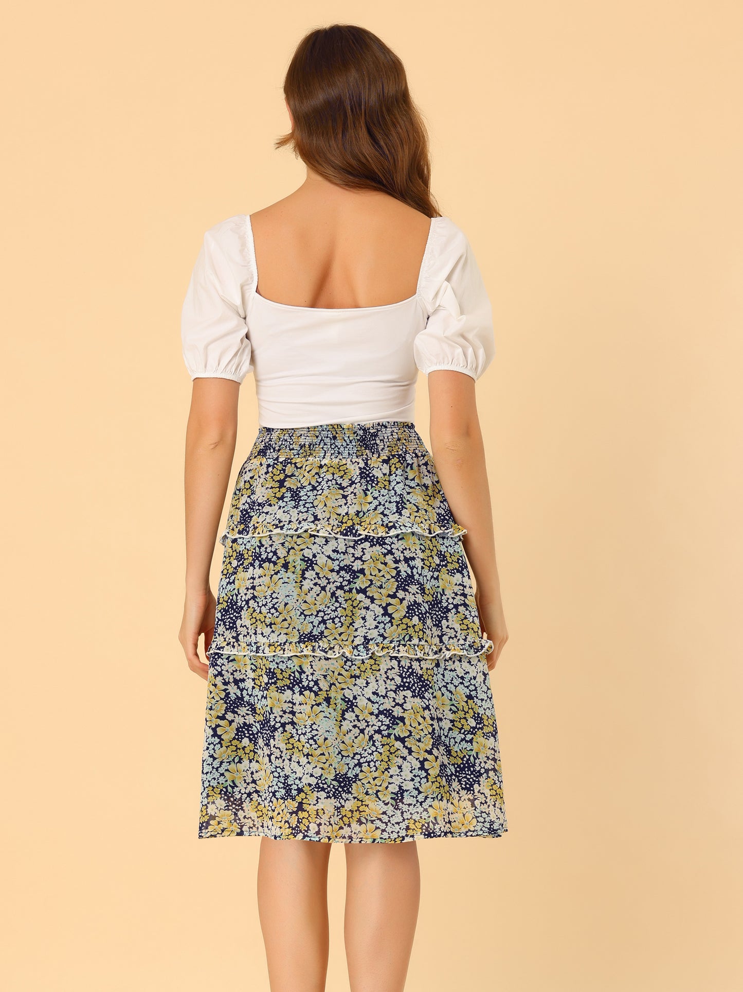 Faldas florales para mujer, primavera, fruncidas, cintura elástica, corte A, por debajo de la rodilla, falda con volantes escalonados