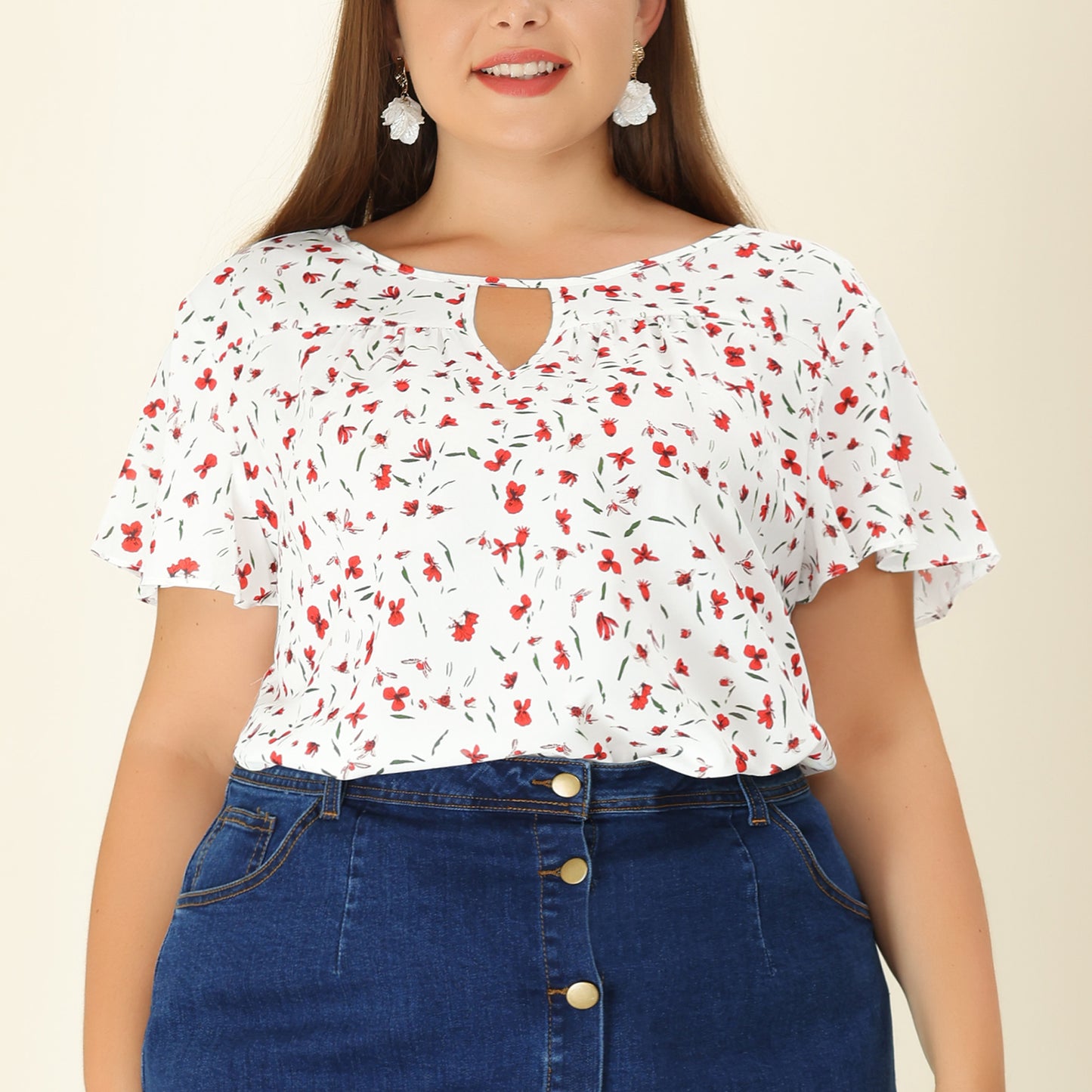 Women's Plus Size Blouses Summer Ruffle Short Sleeve Shirts Keyhole Chiffon Top