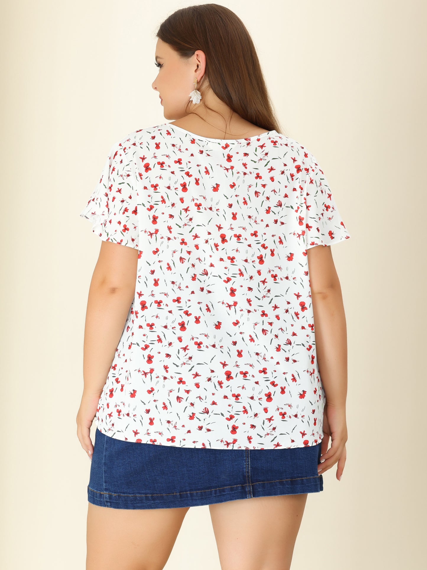 Women's Plus Size Blouses Summer Ruffle Short Sleeve Shirts Keyhole Chiffon Top