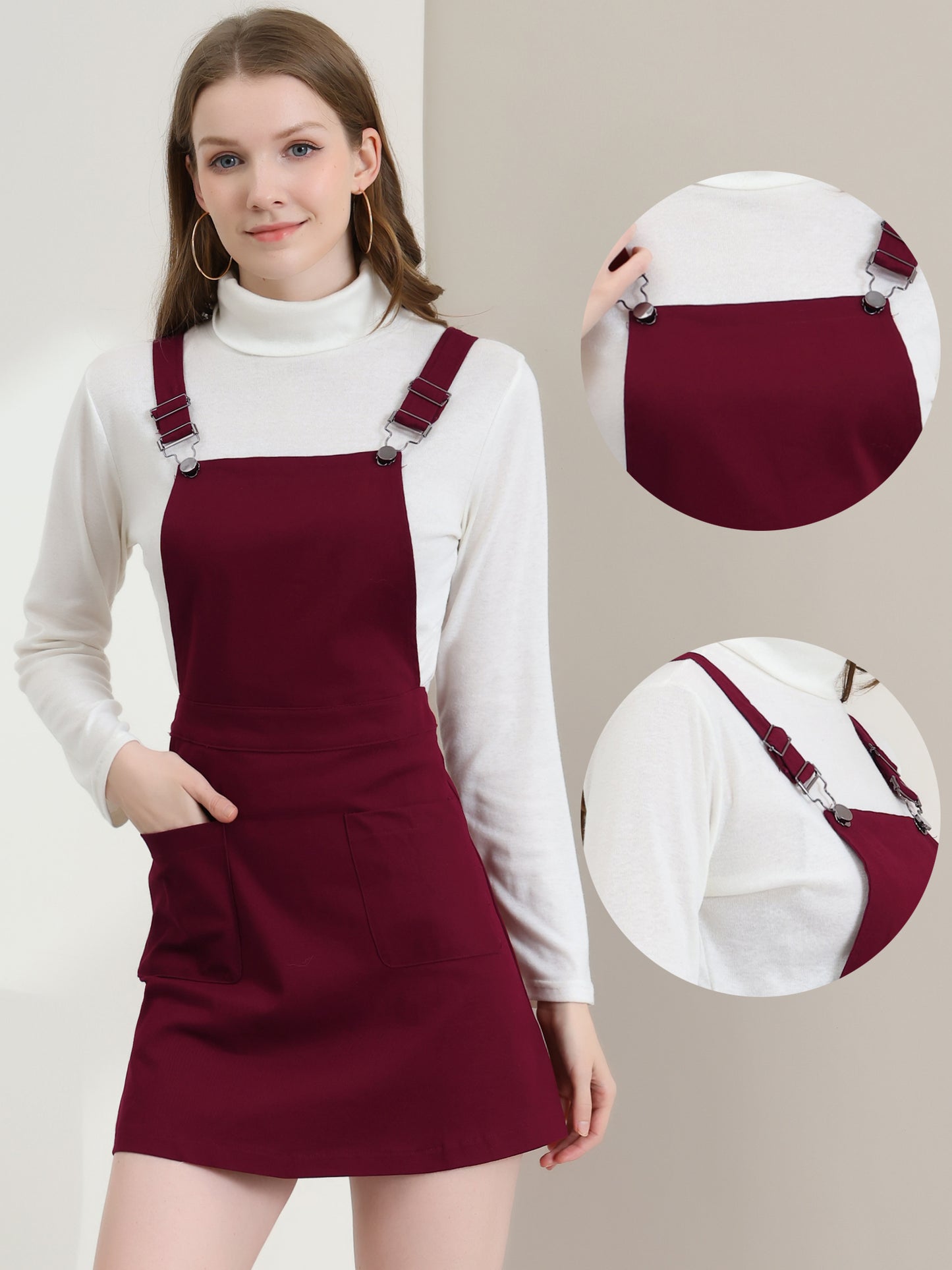 Women's Adjustable Strap Suspender Skirt with Pocket A-Line Pinafore Overall Dress
