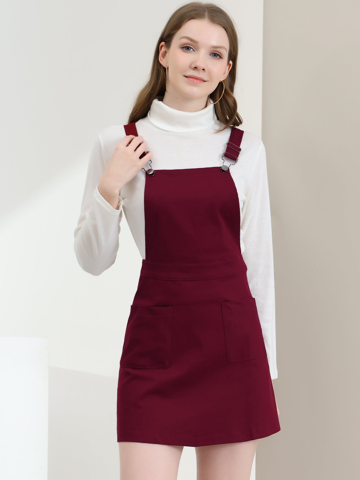 Women's Adjustable Strap Suspender Skirt with Pocket A-Line Pinafore Overall Dress