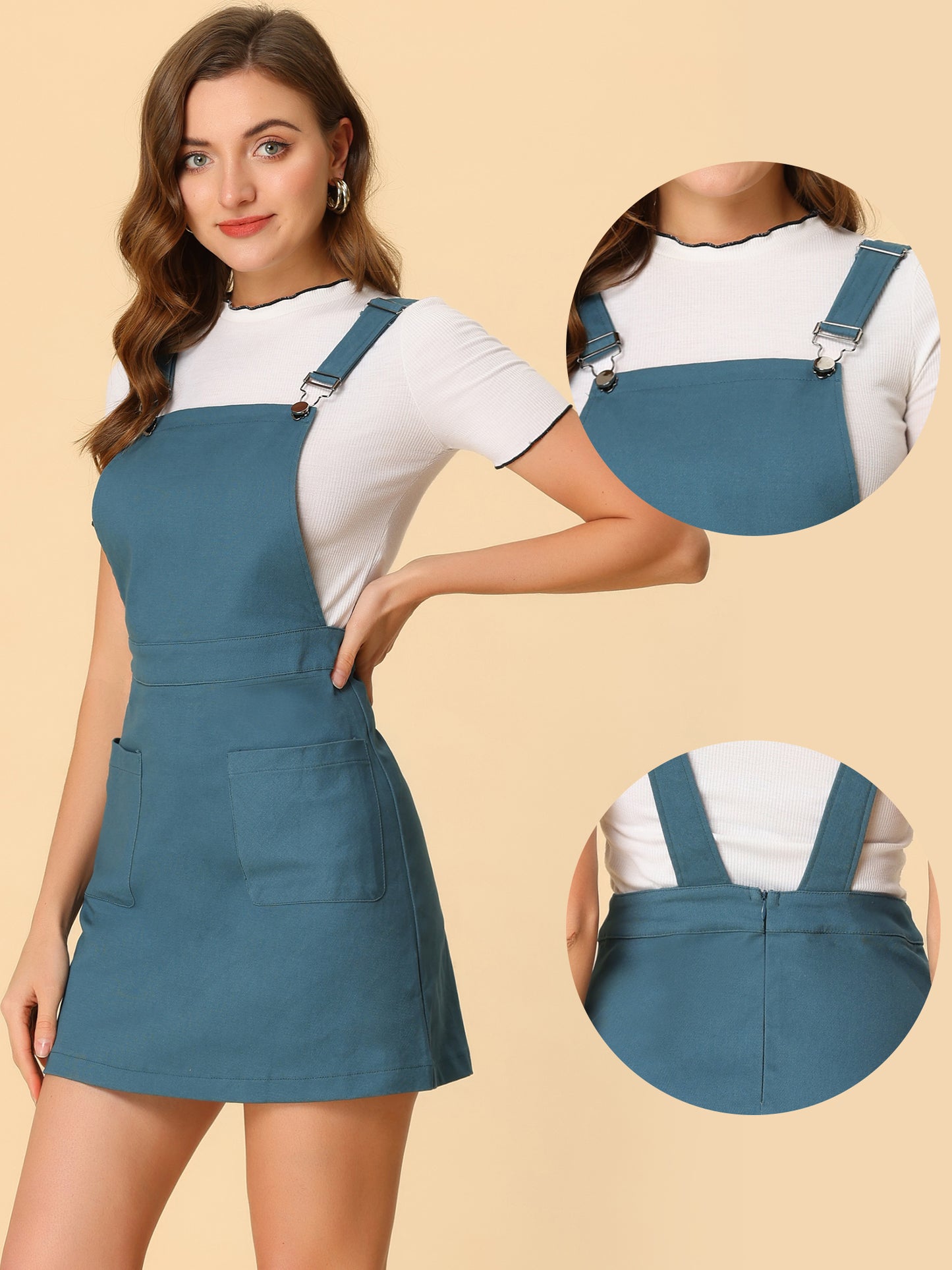 Women's Adjustable Strap Suspender Skirt with Pocket A-Line Pinafore Overall Dress
