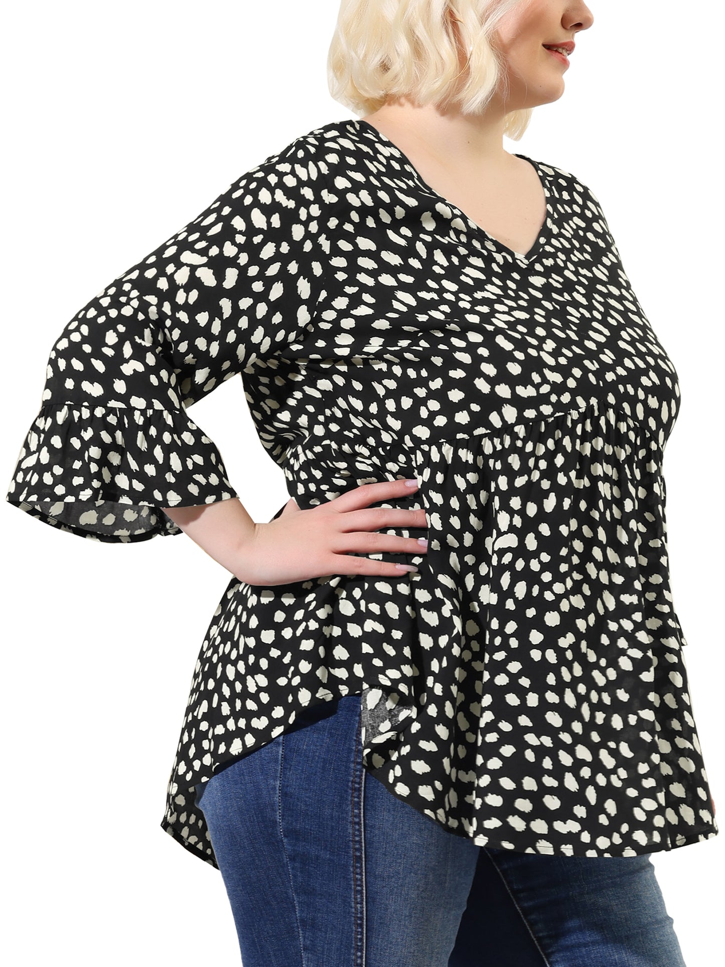 Women Plus Size Polka Dots Blouses V Neck 3/4 Ruffle Sleeve Peplum Top