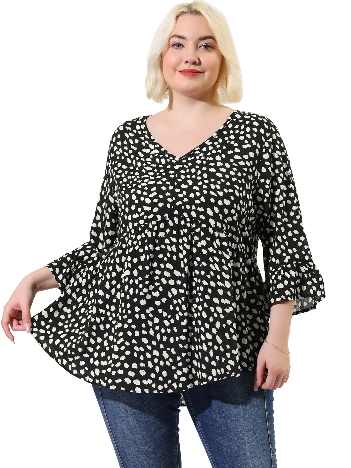 Women Plus Size Polka Dots Blouses V Neck 3/4 Ruffle Sleeve Peplum Top