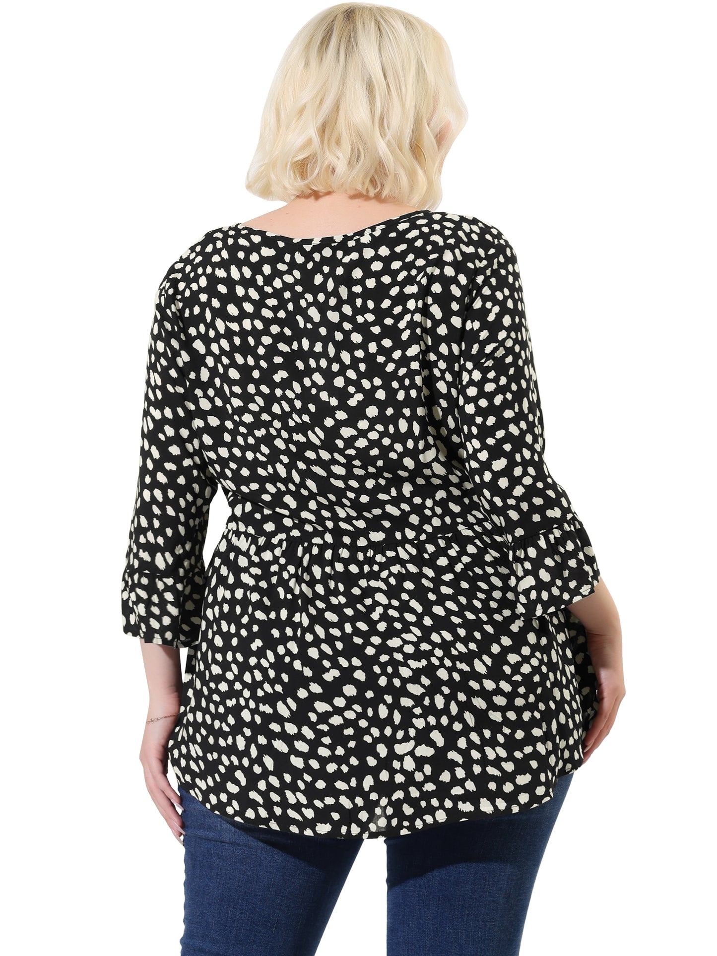 Women Plus Size Polka Dots Blouses V Neck 3/4 Ruffle Sleeve Peplum Top