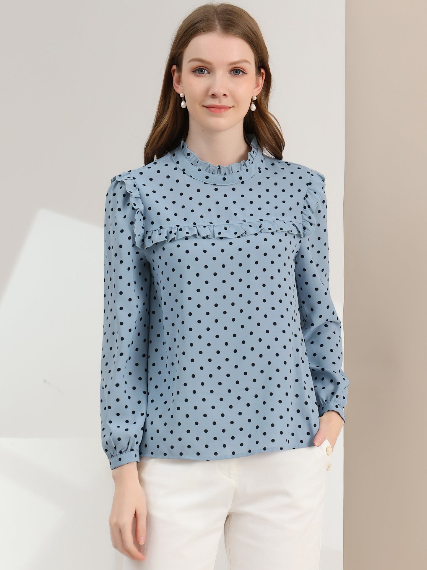 Women's Long Sleeve Mock Neck Ruffle Polka Dots Blouse