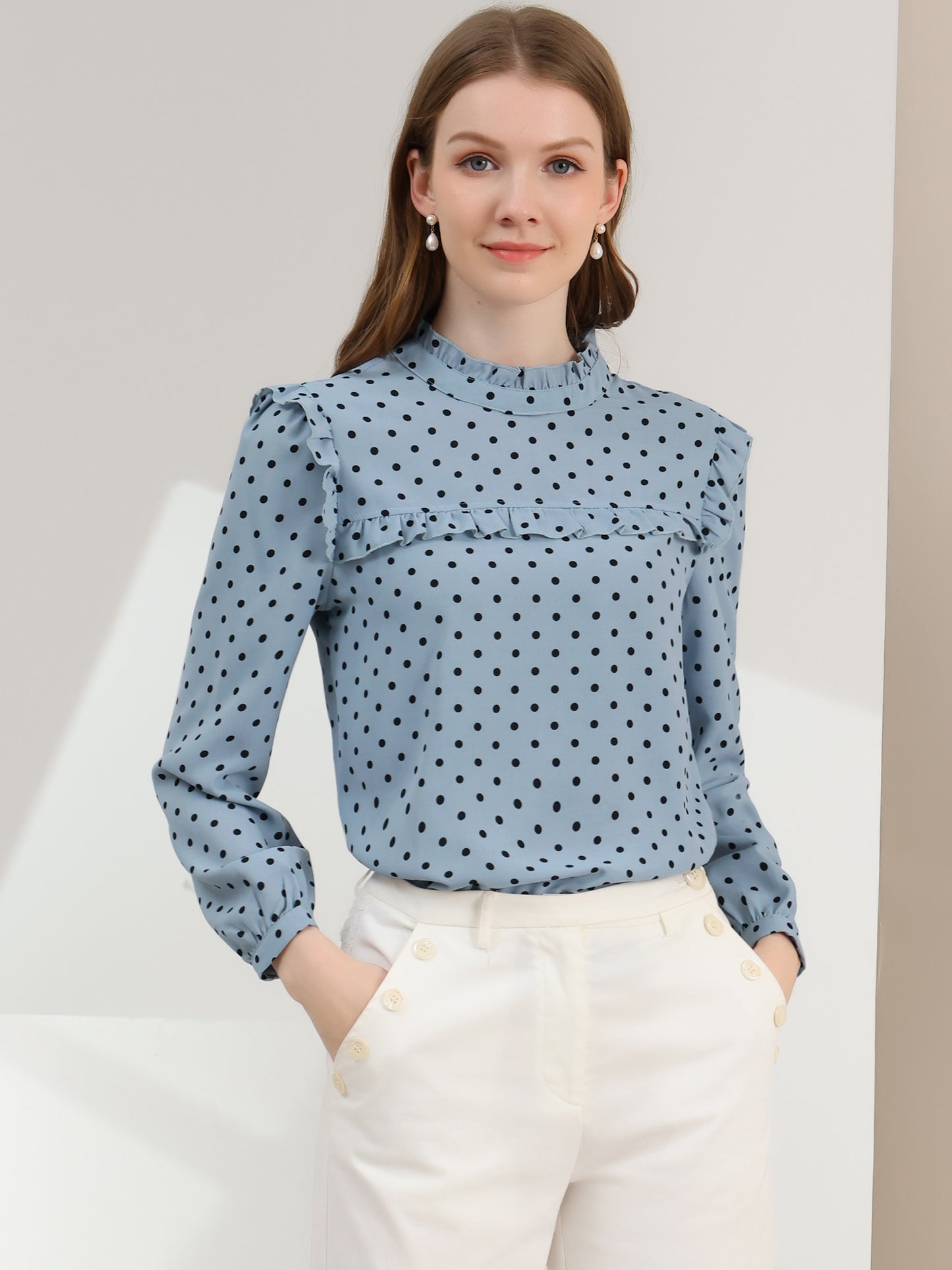 Women's Long Sleeve Mock Neck Ruffle Polka Dots Blouse