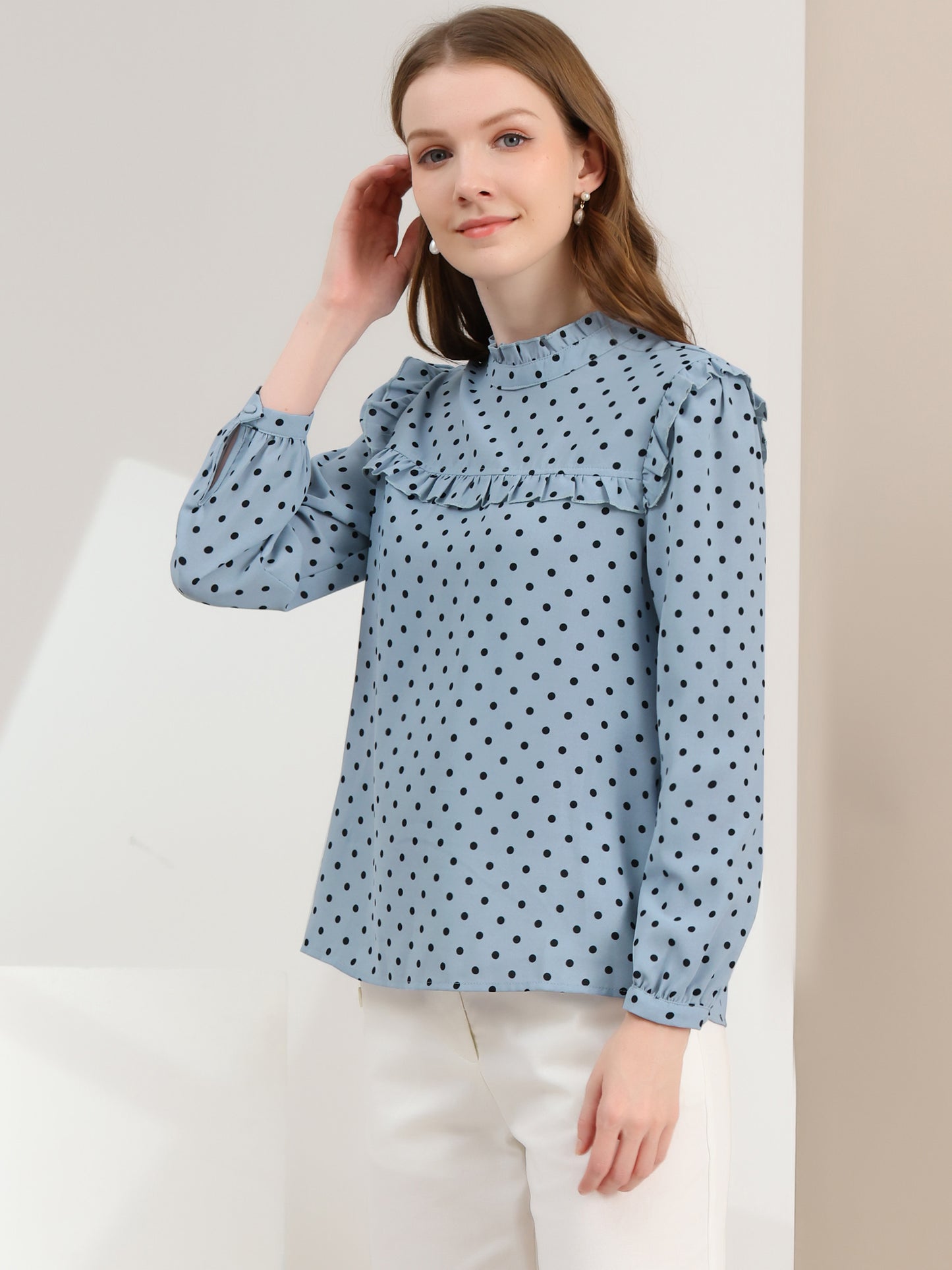 Women's Long Sleeve Mock Neck Ruffle Polka Dots Blouse