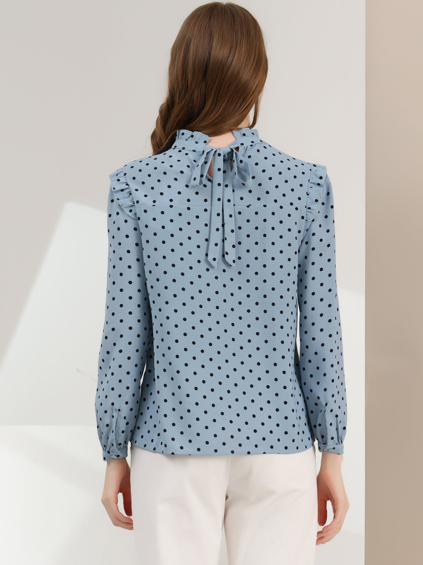 Women's Long Sleeve Mock Neck Ruffle Polka Dots Blouse