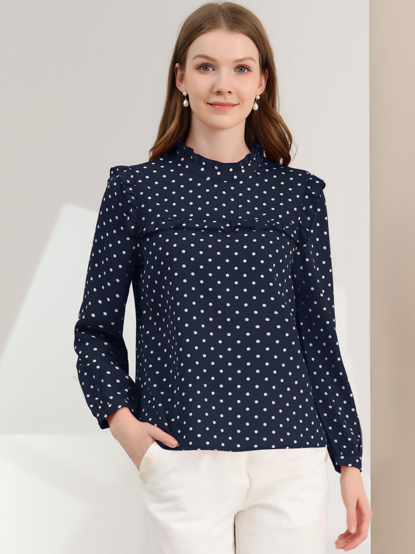 Women's Long Sleeve Mock Neck Ruffle Polka Dots Blouse