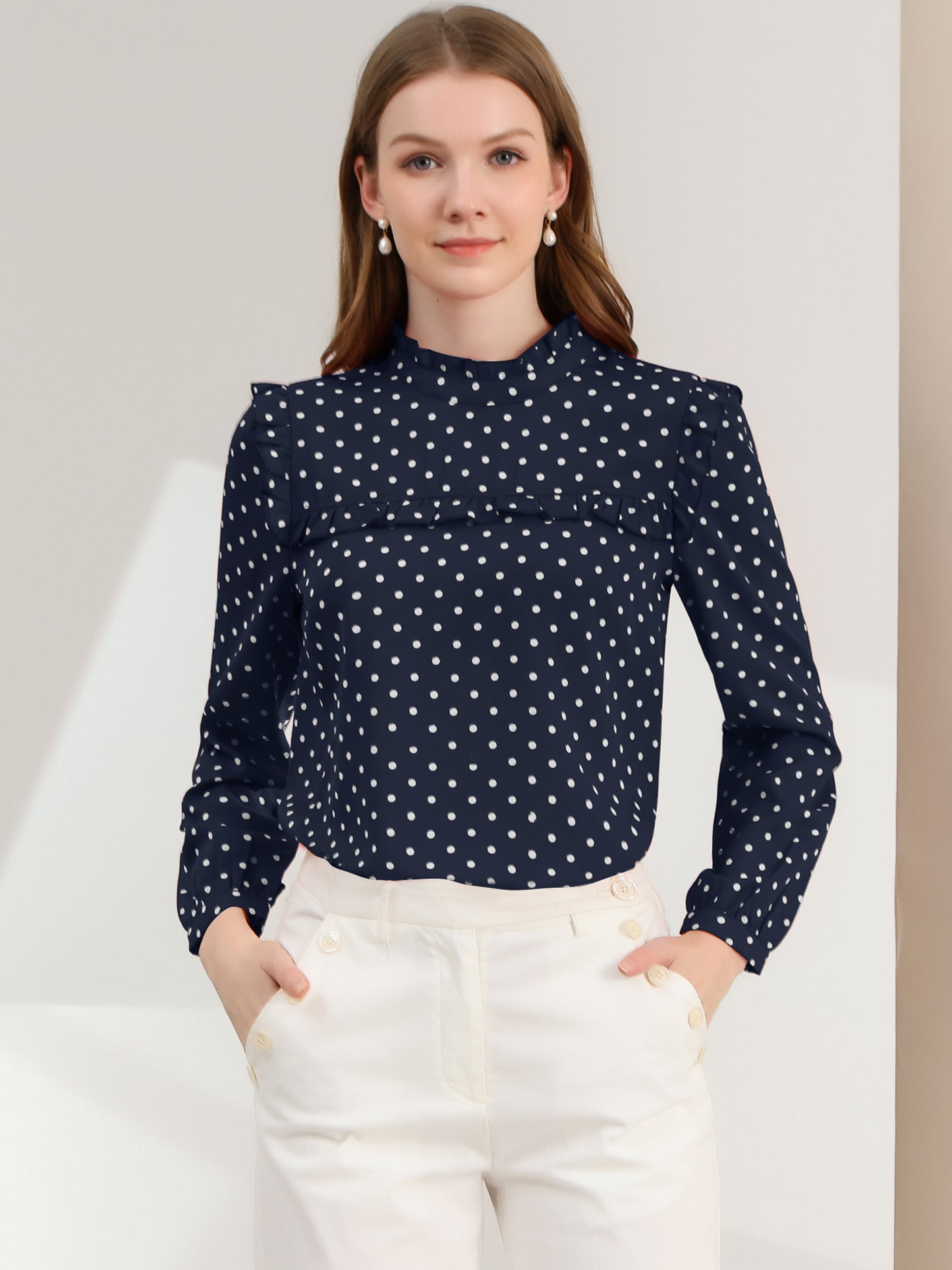 Women's Long Sleeve Mock Neck Ruffle Polka Dots Blouse