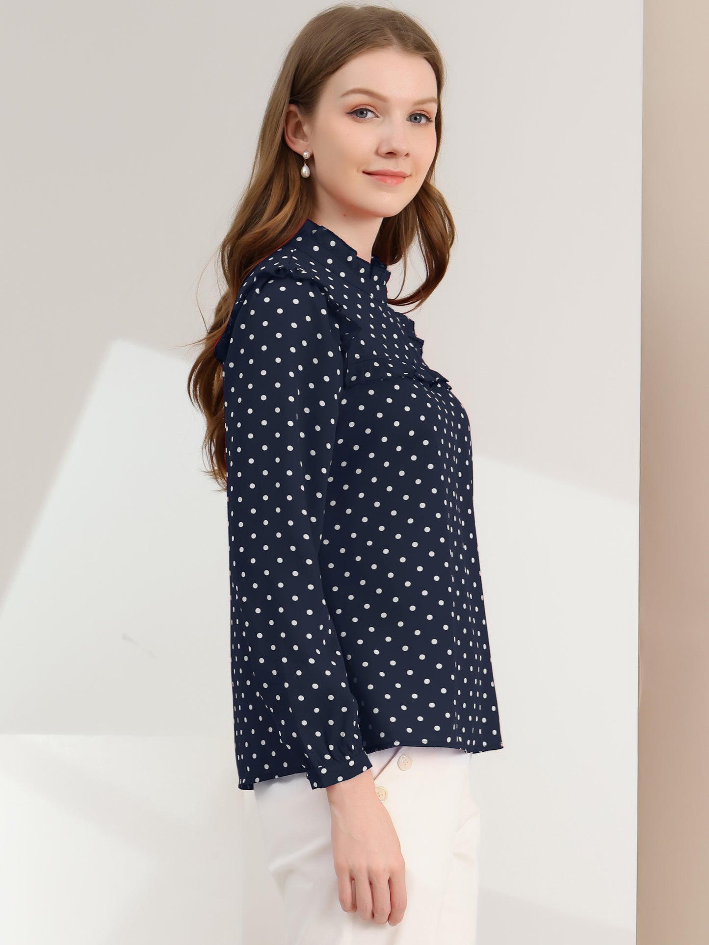 Women's Long Sleeve Mock Neck Ruffle Polka Dots Blouse