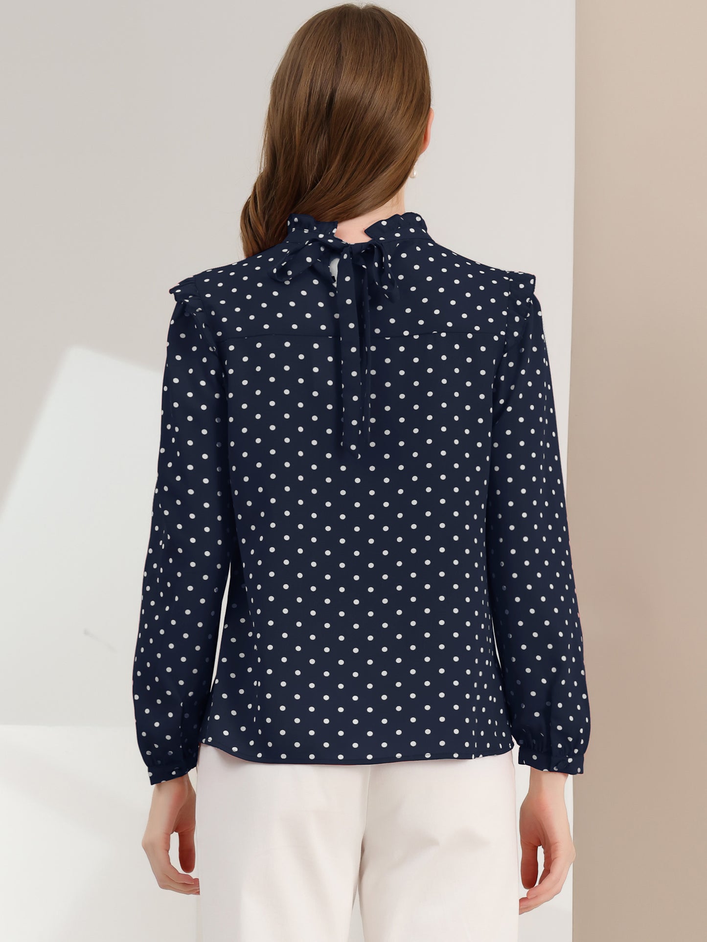Women's Long Sleeve Mock Neck Ruffle Polka Dots Blouse