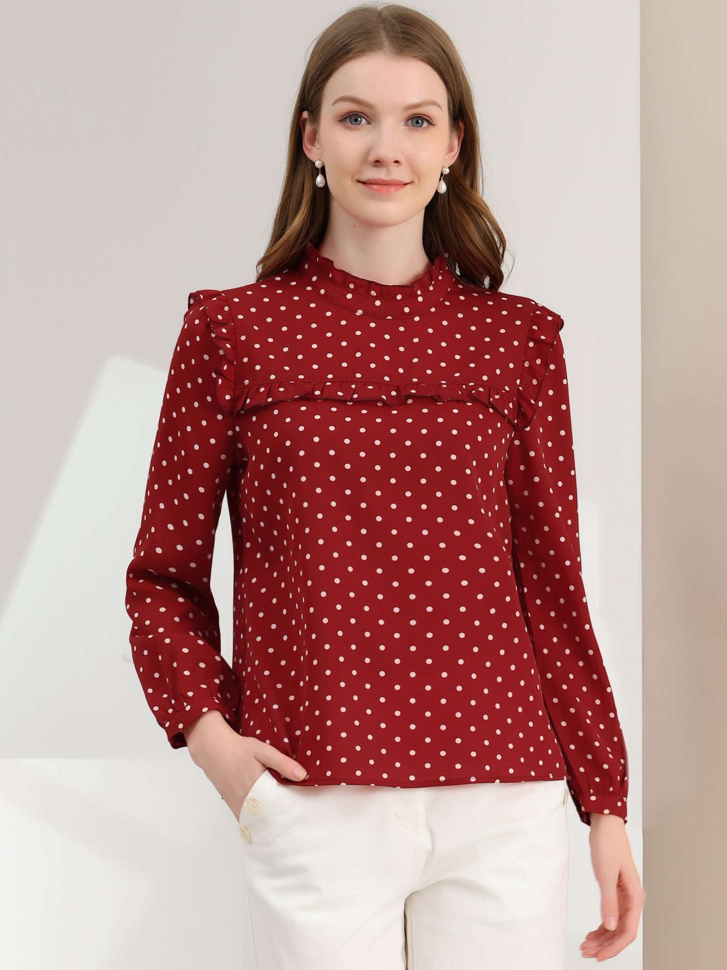 Women's Long Sleeve Mock Neck Ruffle Polka Dots Blouse