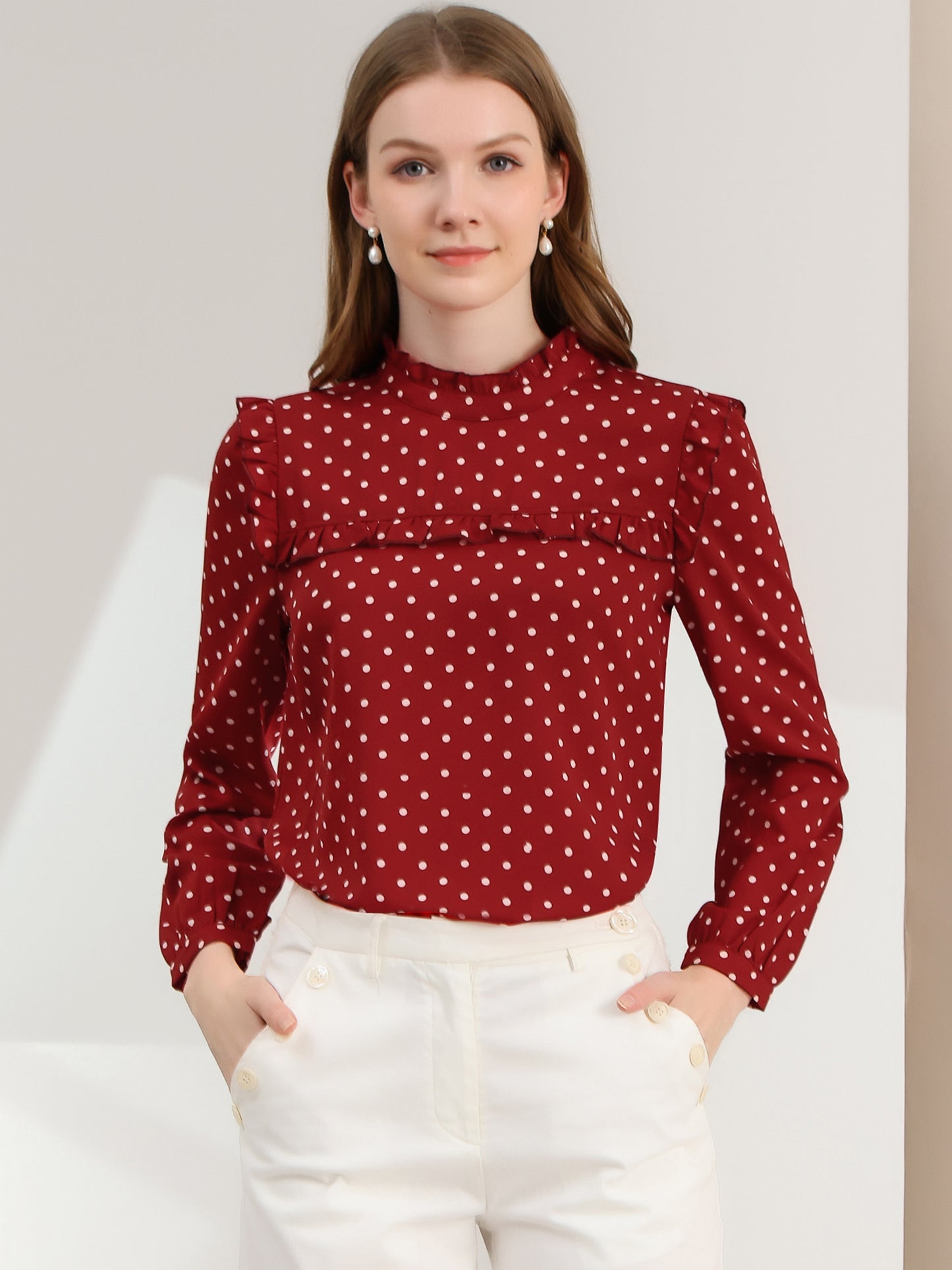 Women's Long Sleeve Mock Neck Ruffle Polka Dots Blouse