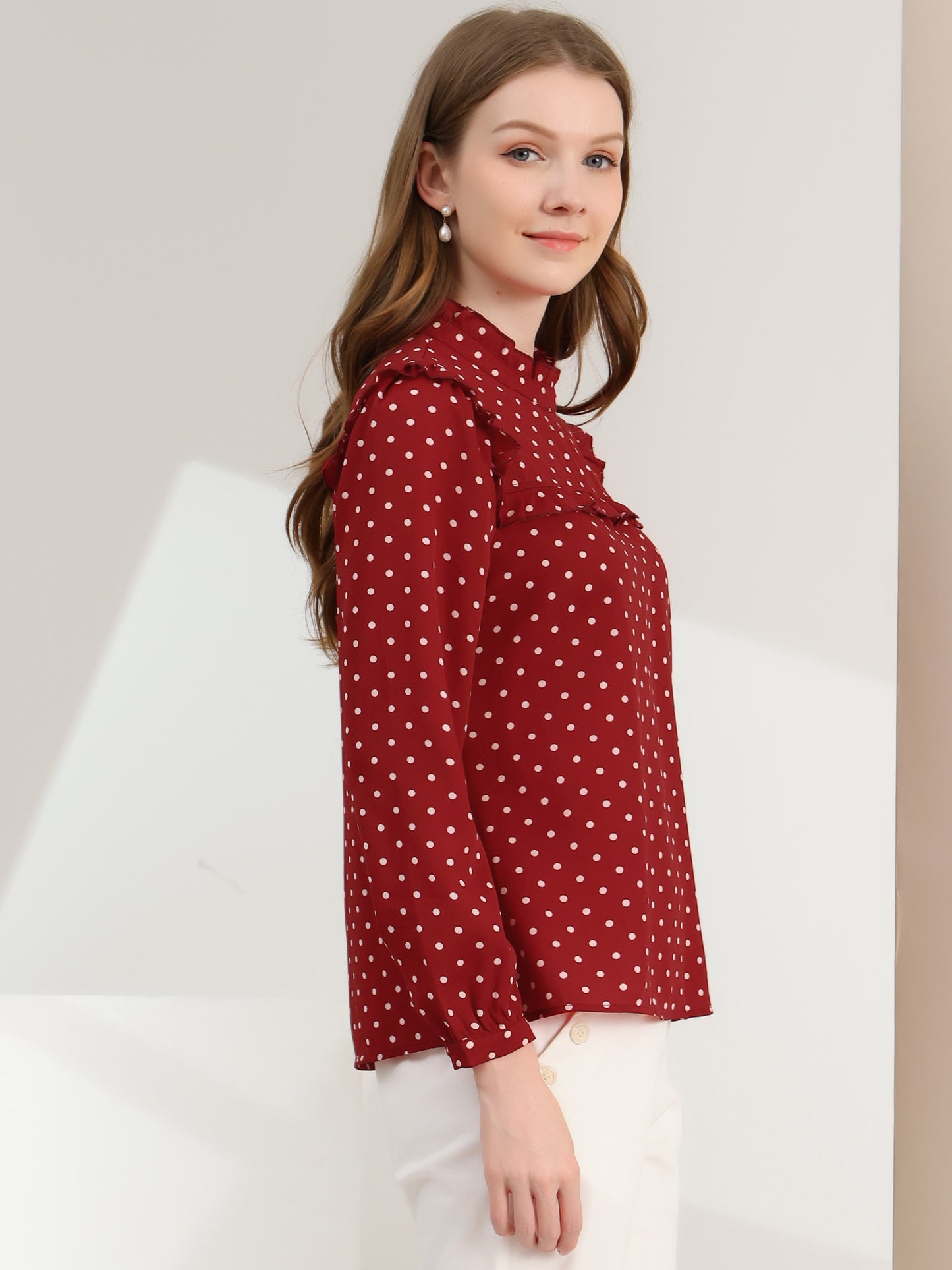 Women's Long Sleeve Mock Neck Ruffle Polka Dots Blouse