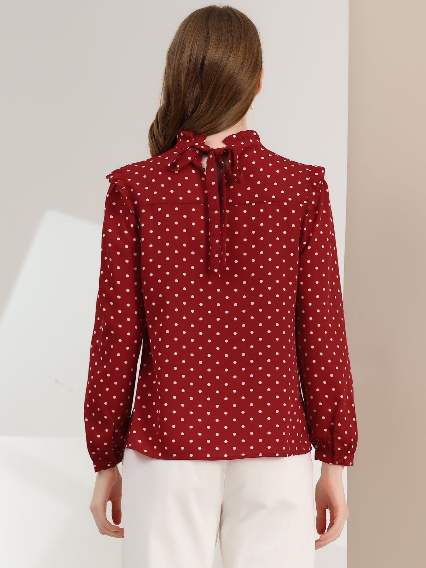 Women's Long Sleeve Mock Neck Ruffle Polka Dots Blouse
