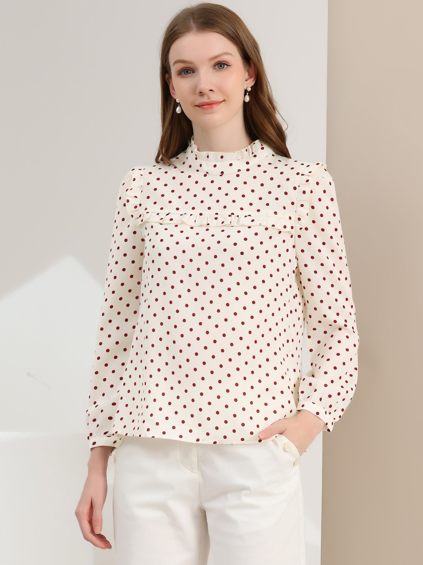 Women's Long Sleeve Mock Neck Ruffle Polka Dots Blouse
