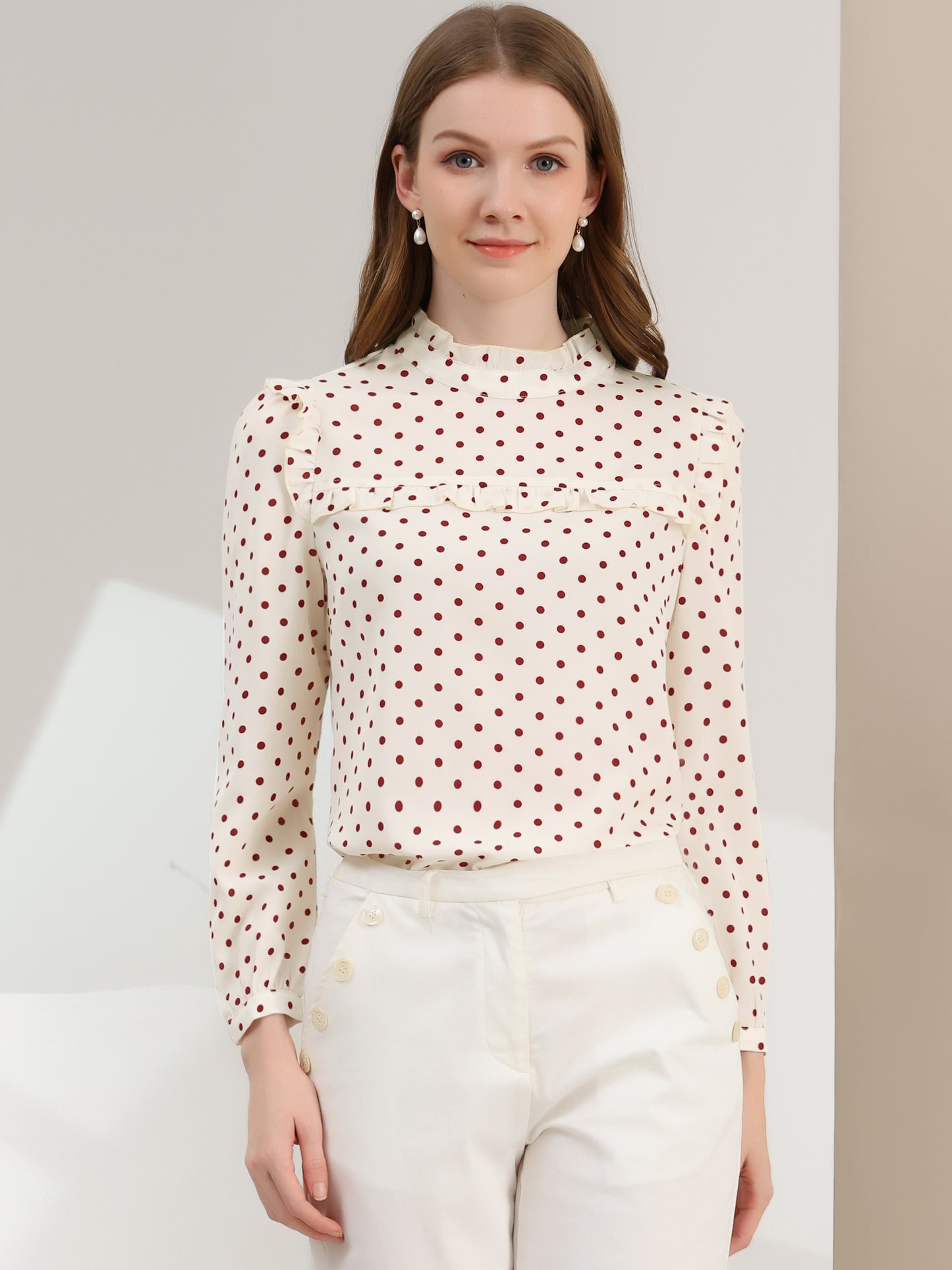 Women's Long Sleeve Mock Neck Ruffle Polka Dots Blouse