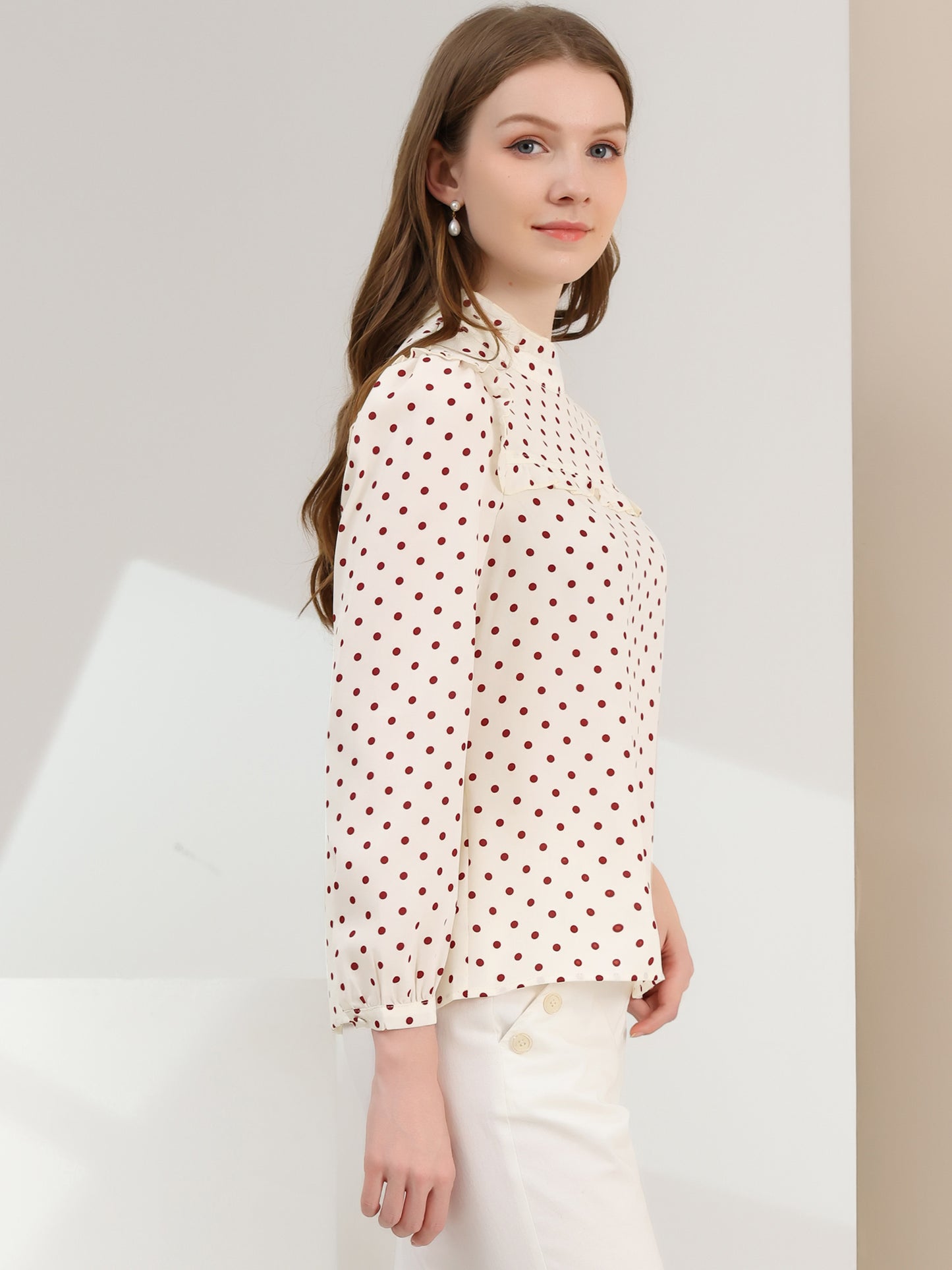 Women's Long Sleeve Mock Neck Ruffle Polka Dots Blouse