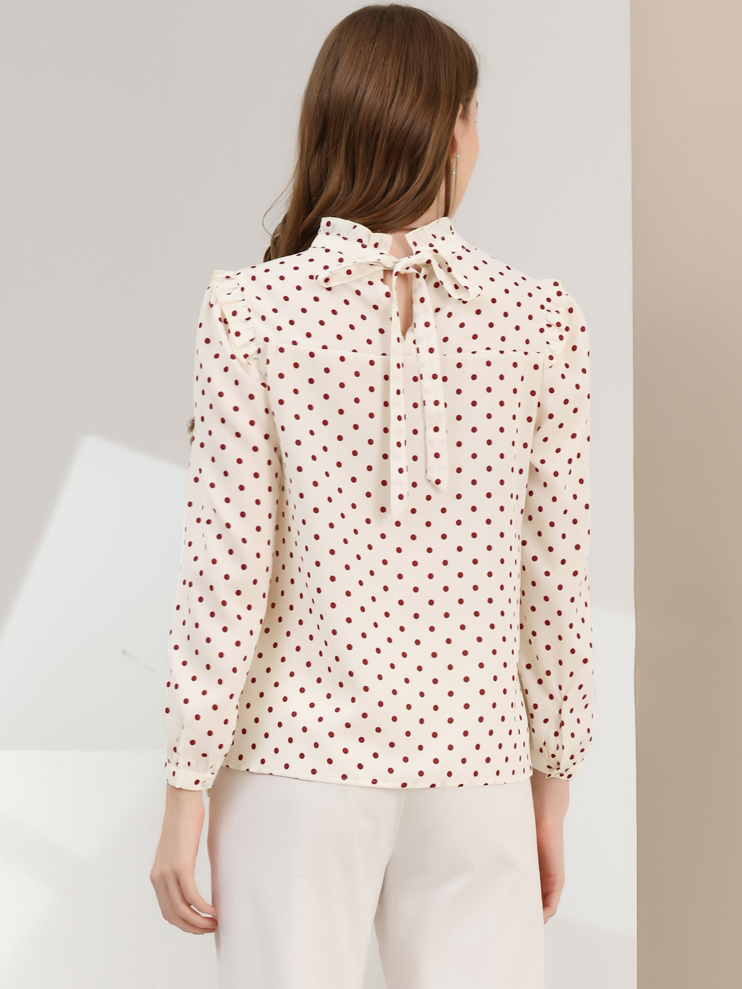 Women's Long Sleeve Mock Neck Ruffle Polka Dots Blouse