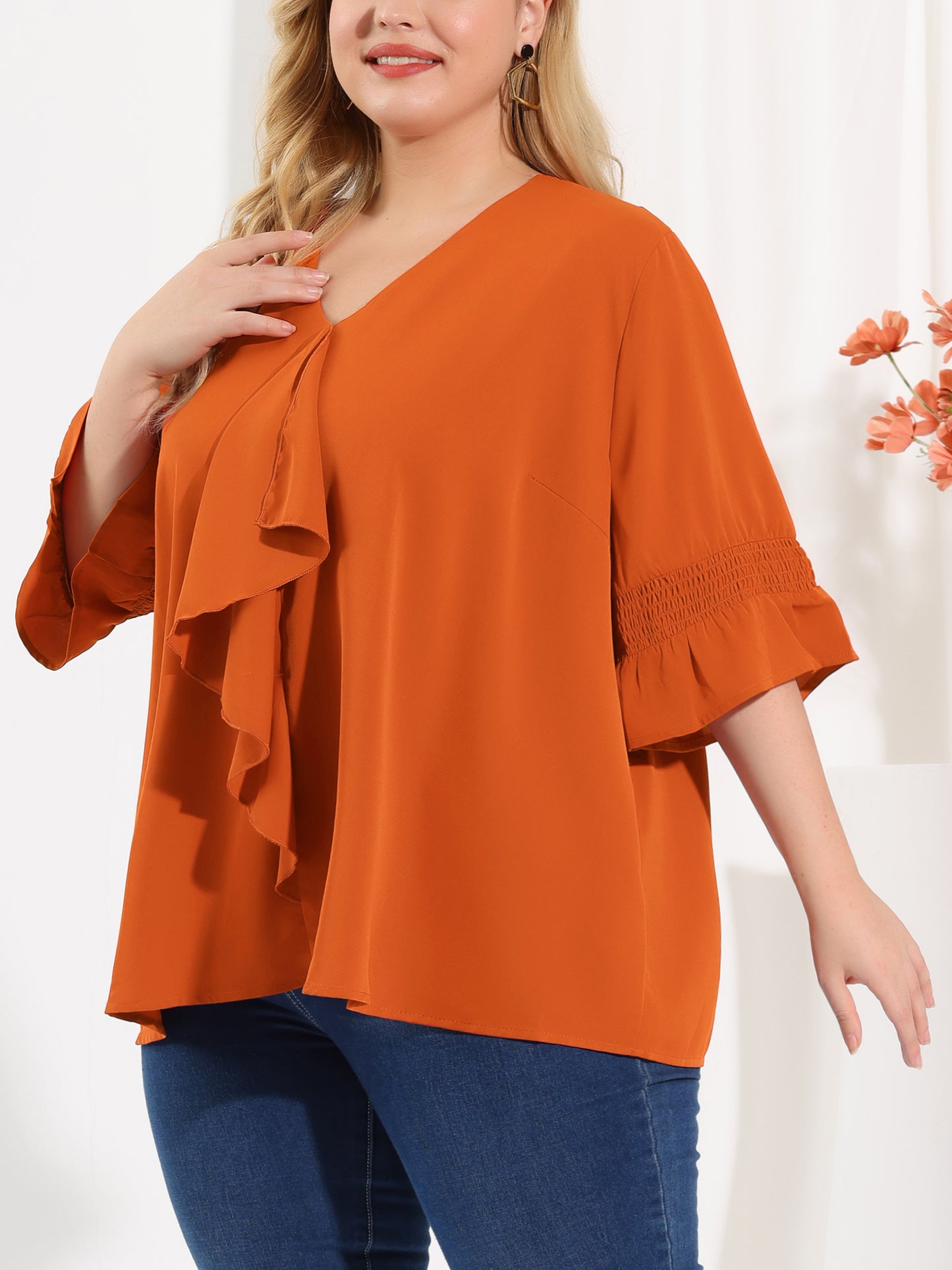 Women's Plus Size Ruffle Blouse V Neck Smocked Sleeves Top