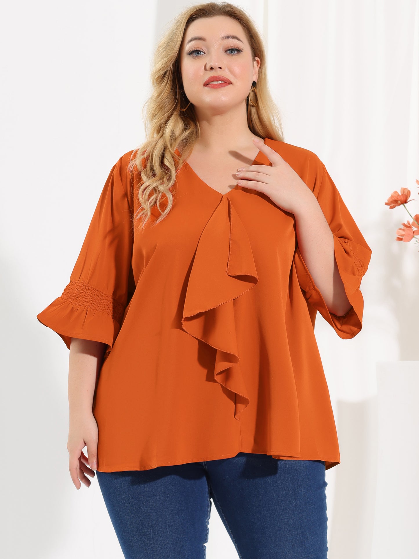 Women's Plus Size Ruffle Blouse V Neck Smocked Sleeves Top