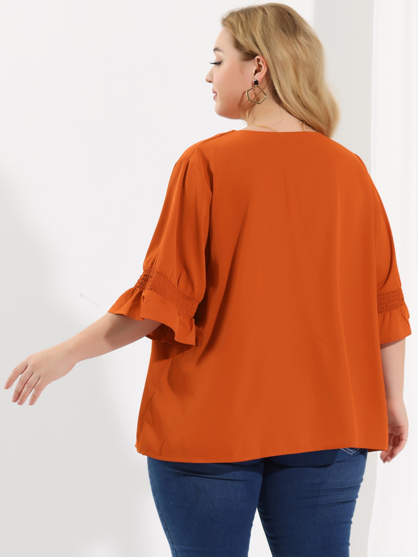 Women's Plus Size Ruffle Blouse V Neck Smocked Sleeves Top