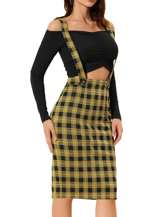 Women's Plaid Overall Pencil Braces Suspender Skirt