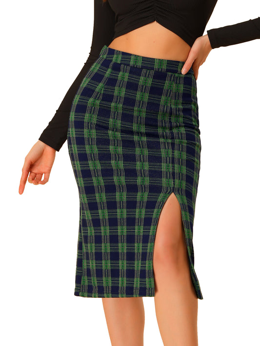 Women's Plaid High Waisted Stretchy Slit Midi Pencil Skirt