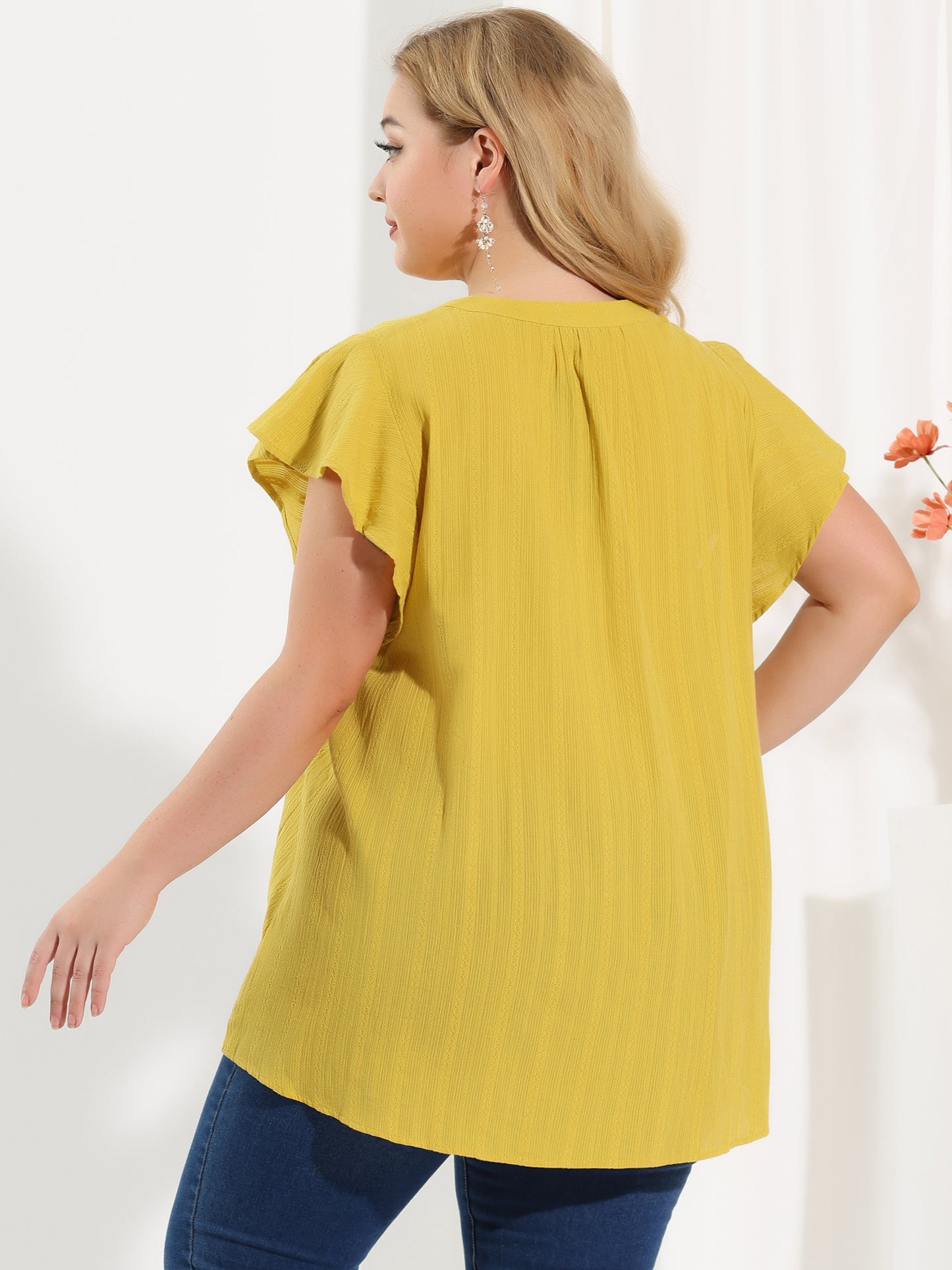 Women Plus Size V Neck Tassel Self Tie Flutter Short Sleeve Blouse Flowy Summer Top