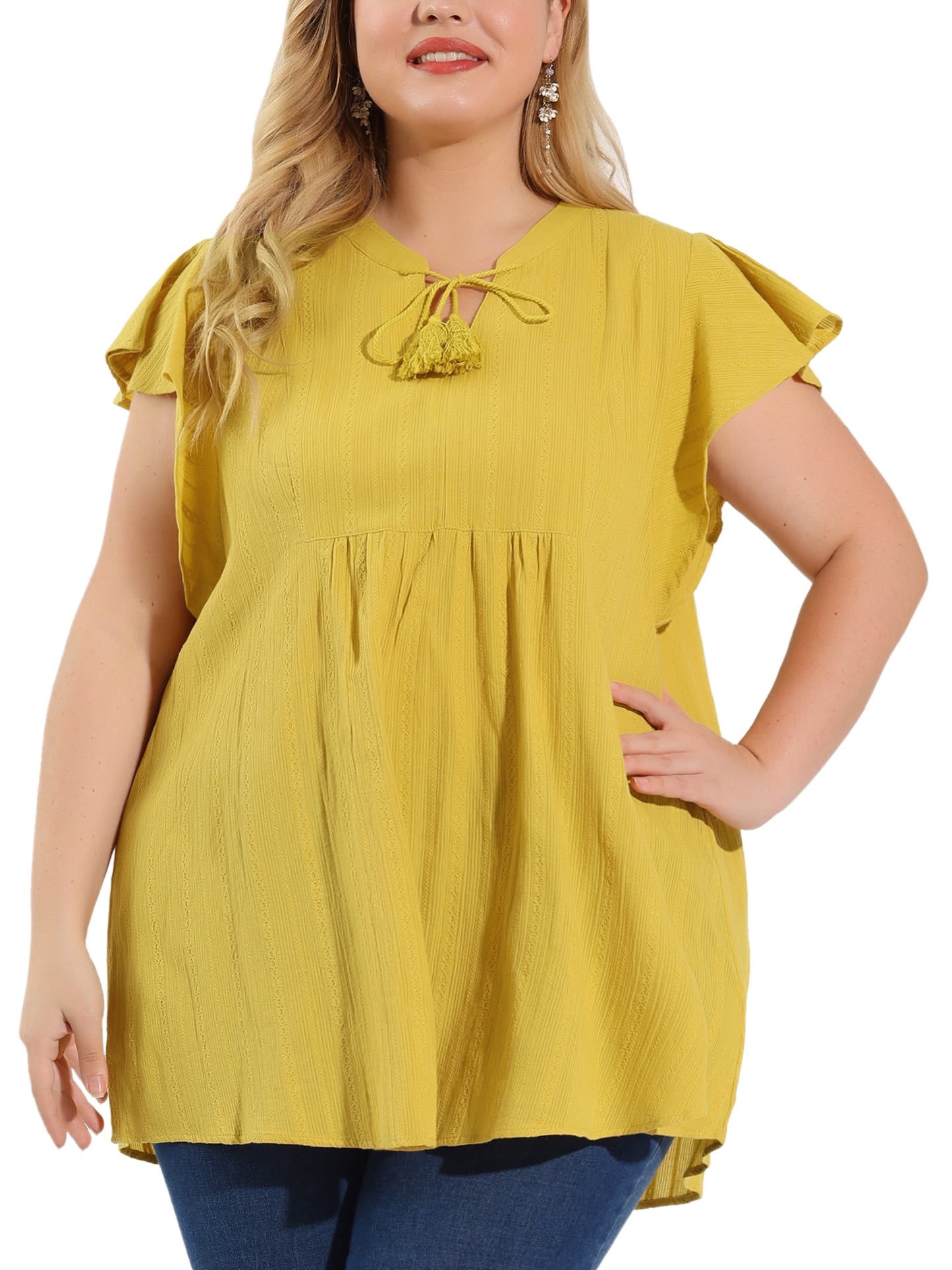 Women Plus Size V Neck Tassel Self Tie Flutter Short Sleeve Blouse Flowy Summer Top