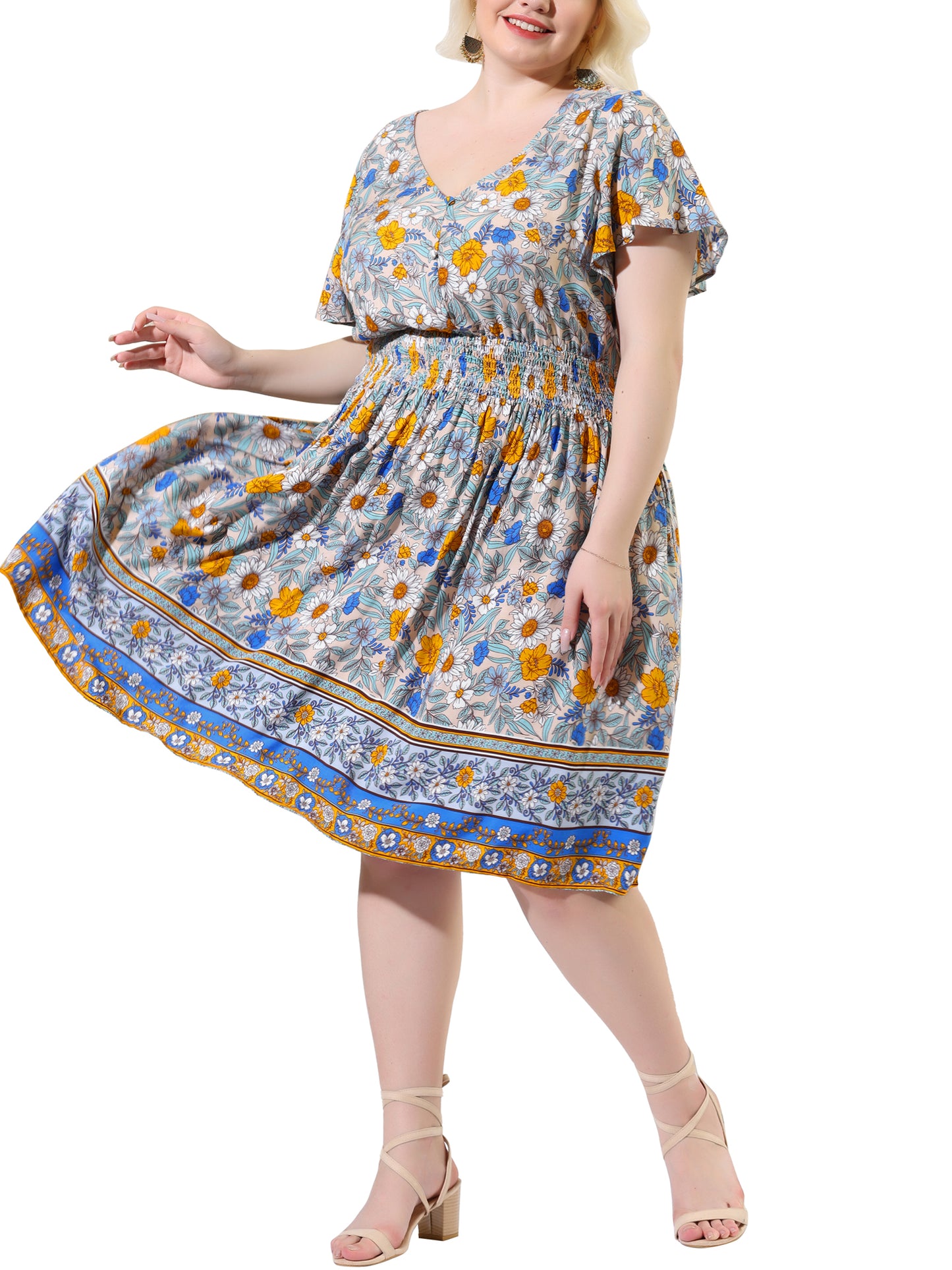 Women Plus Size Placed Pattern Bohemian Smock Waist V Neck Summer Midi Dress