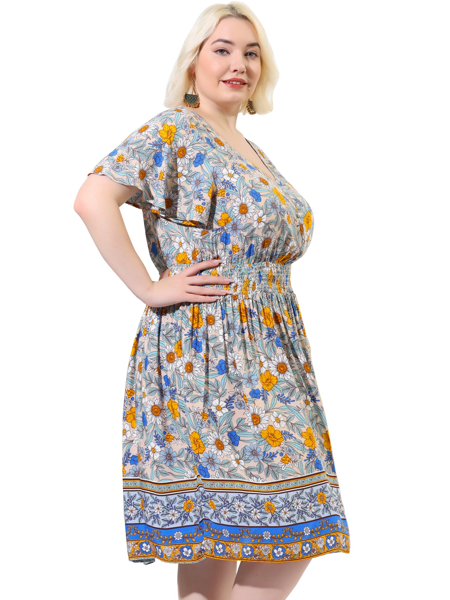 Women Plus Size Placed Pattern Bohemian Smock Waist V Neck Summer Midi Dress
