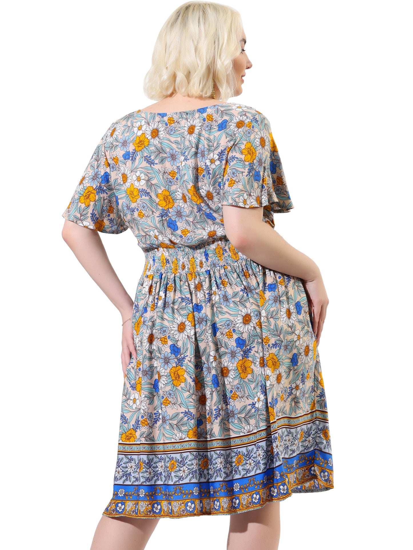 Women Plus Size Placed Pattern Bohemian Smock Waist V Neck Summer Midi Dress