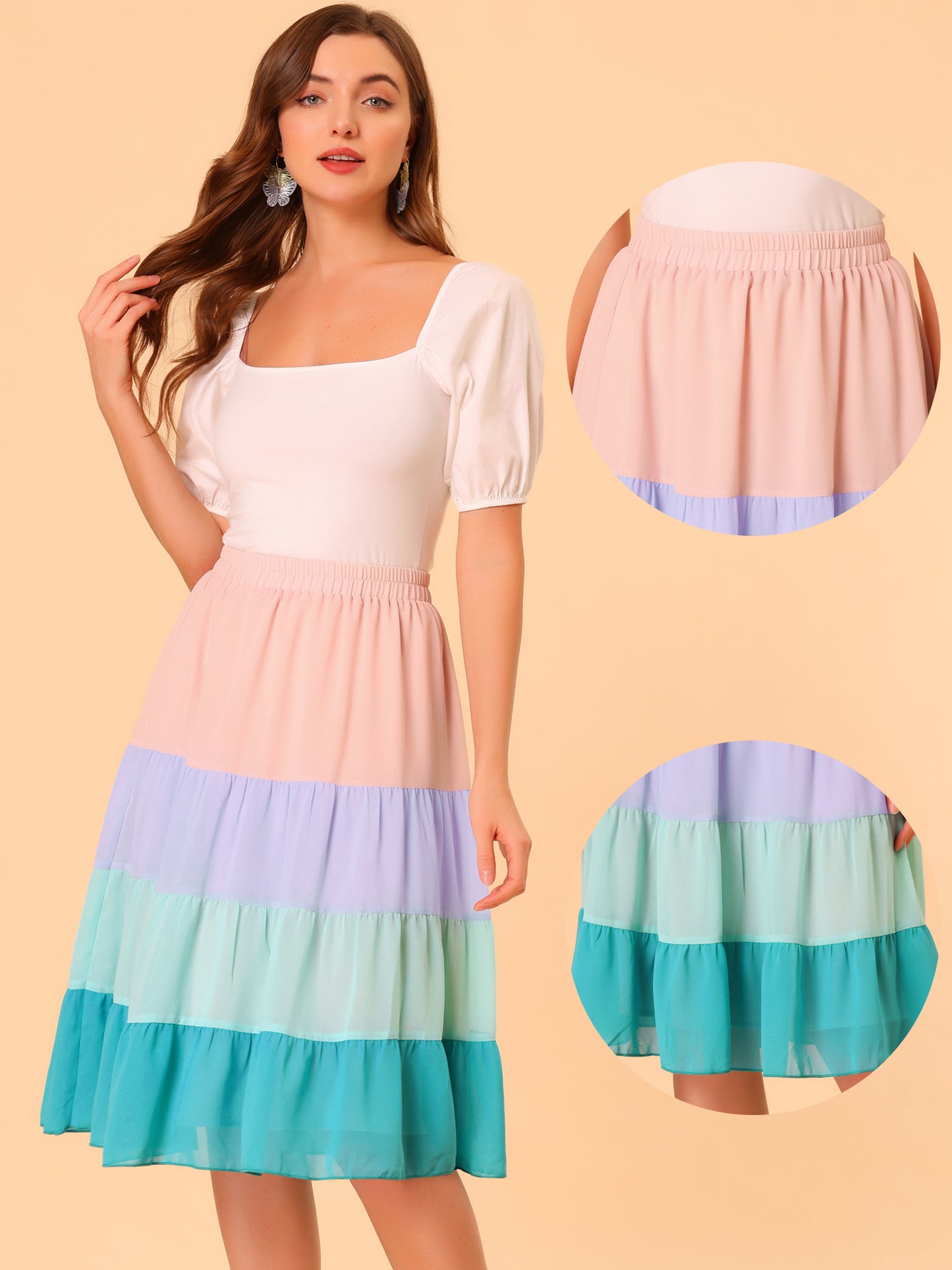 Falda de gasa con bloques de color y cintura alta en capas para mujer
