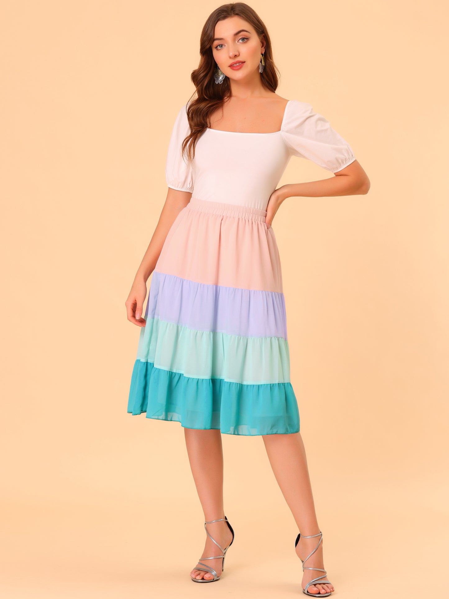 Falda de gasa con bloques de color y cintura alta en capas para mujer