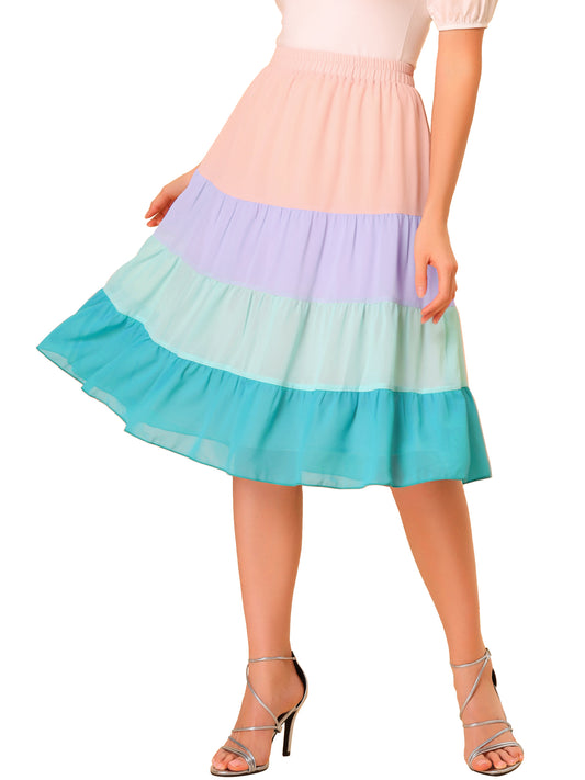 Women's Tiered Skirt High Waist Contrast Chiffon Color Block Skirt