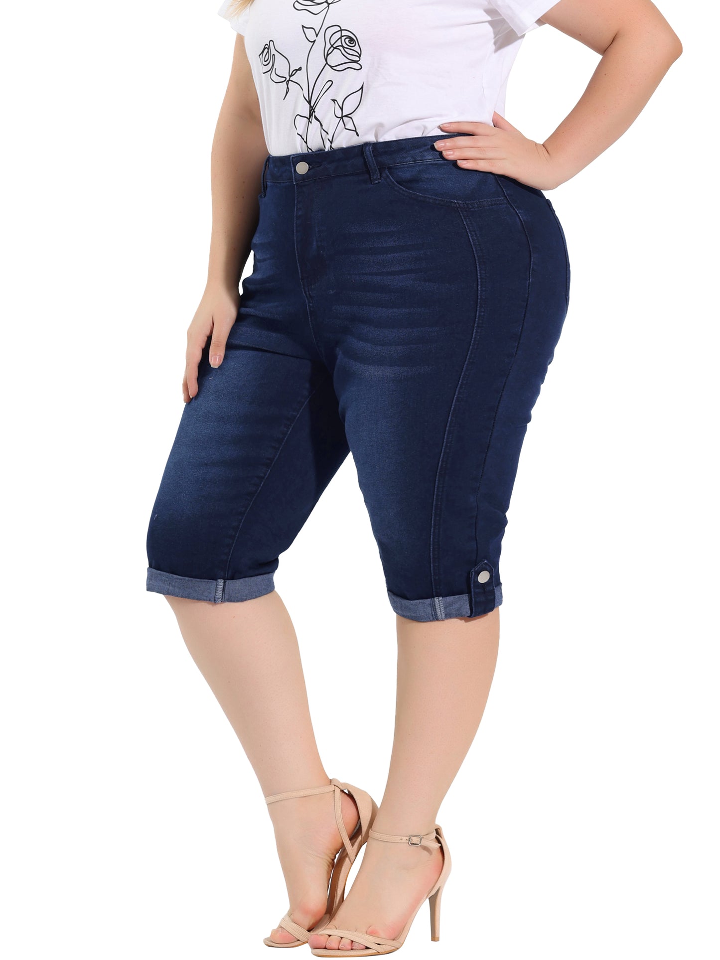 Women's Plus Size Capri Denim Jeans Mid-Rise Fit Curvy Stretch Skinny Jean Capris with Pocket
