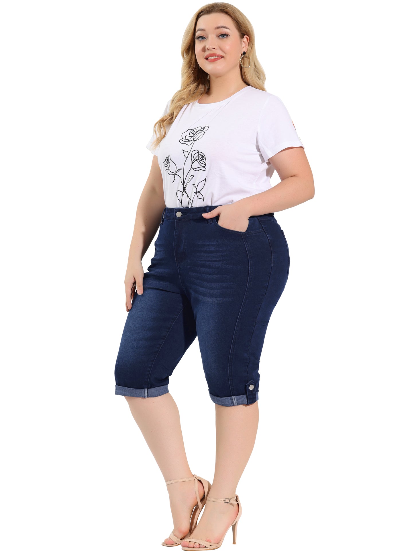 Women's Plus Size Capri Denim Jeans Mid-Rise Fit Curvy Stretch Skinny Jean Capris with Pocket