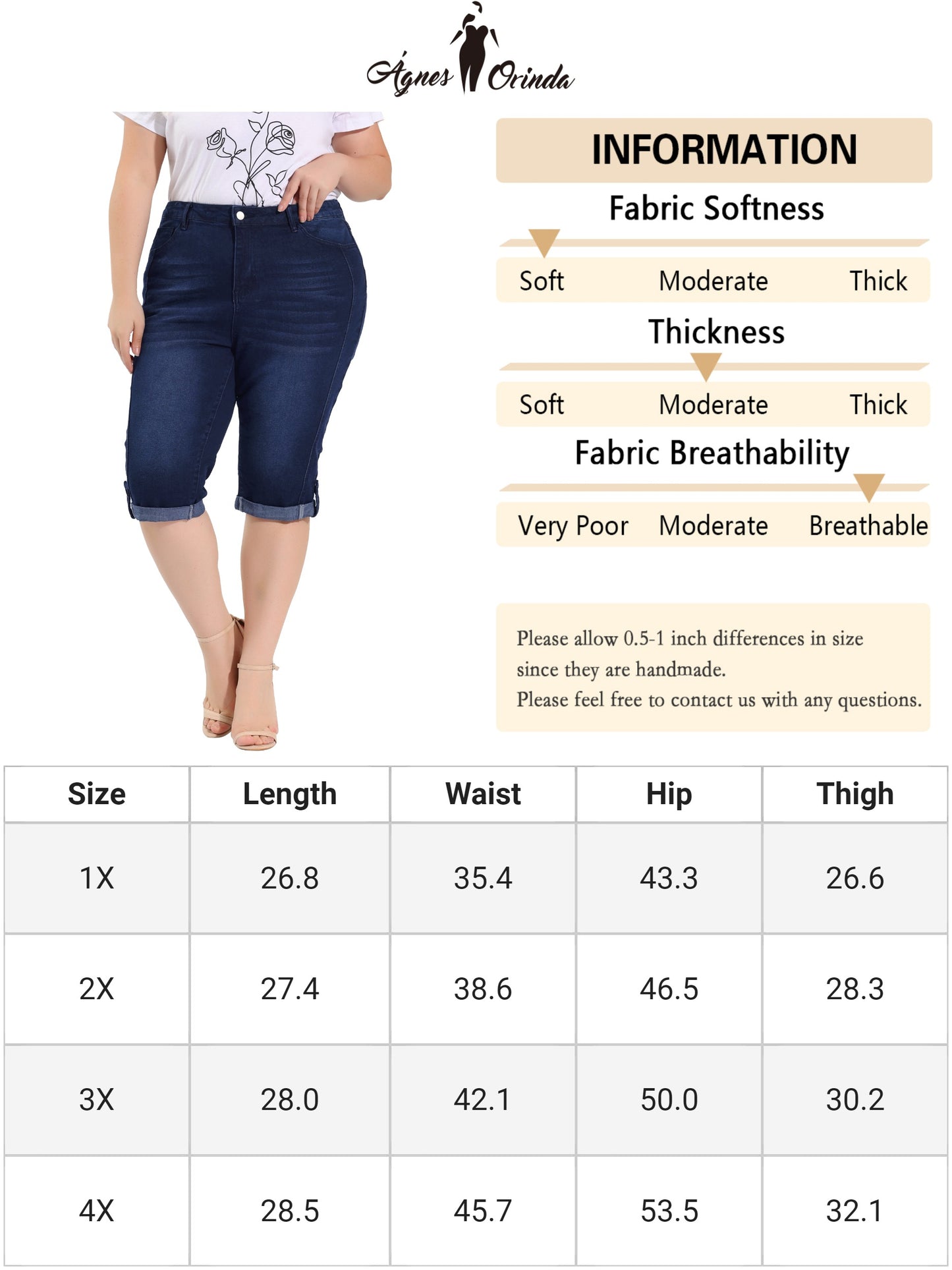 Women's Plus Size Capri Denim Jeans Mid-Rise Fit Curvy Stretch Skinny Jean Capris with Pocket