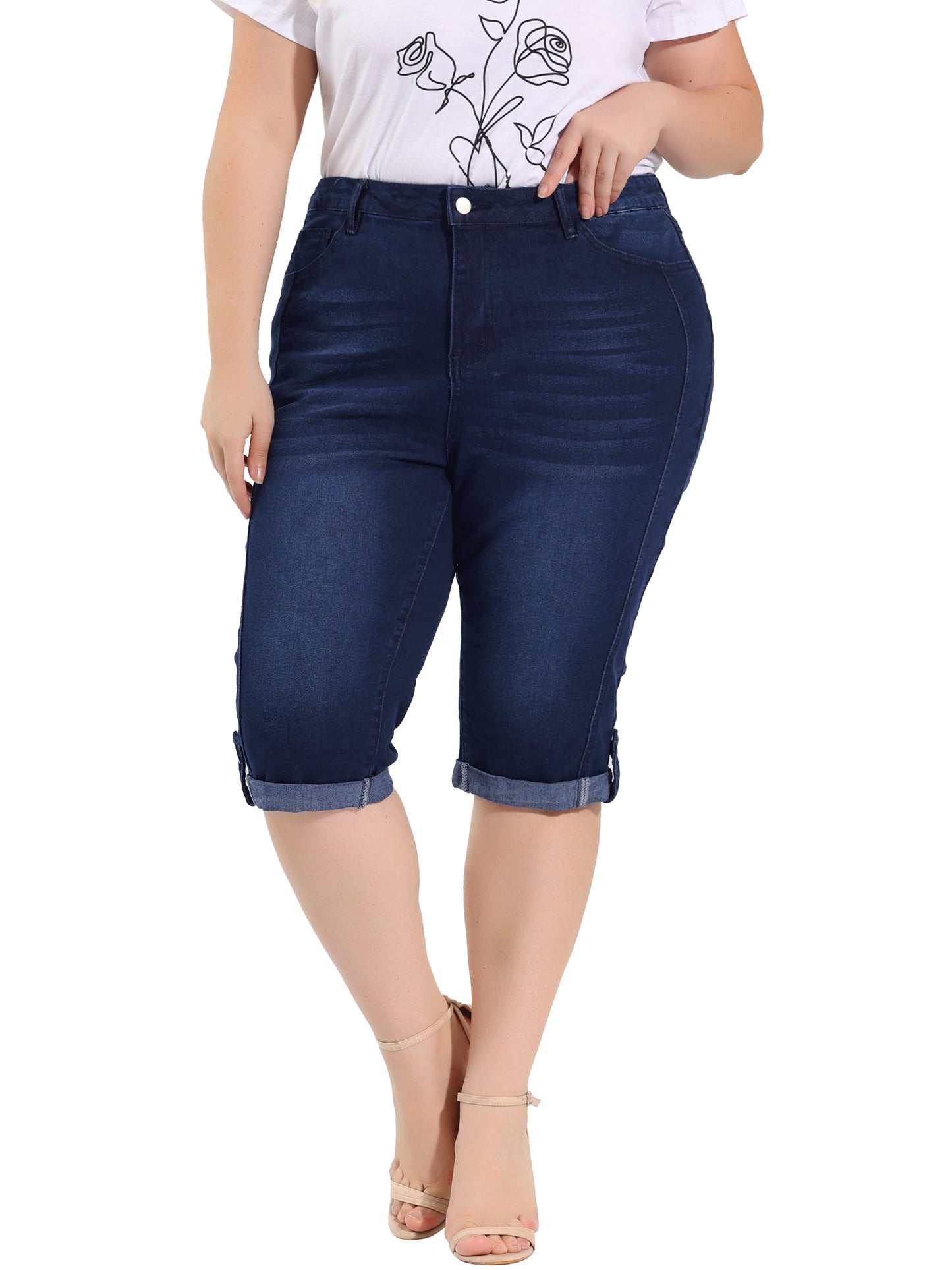 Women's Plus Size Capri Denim Jeans Mid-Rise Fit Curvy Stretch Skinny Jean Capris with Pocket