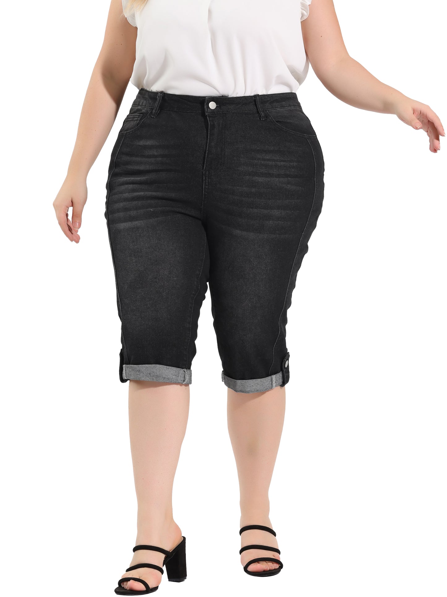 Women's Plus Size Capri Denim Jeans Mid-Rise Fit Curvy Stretch Skinny Jean Capris with Pocket