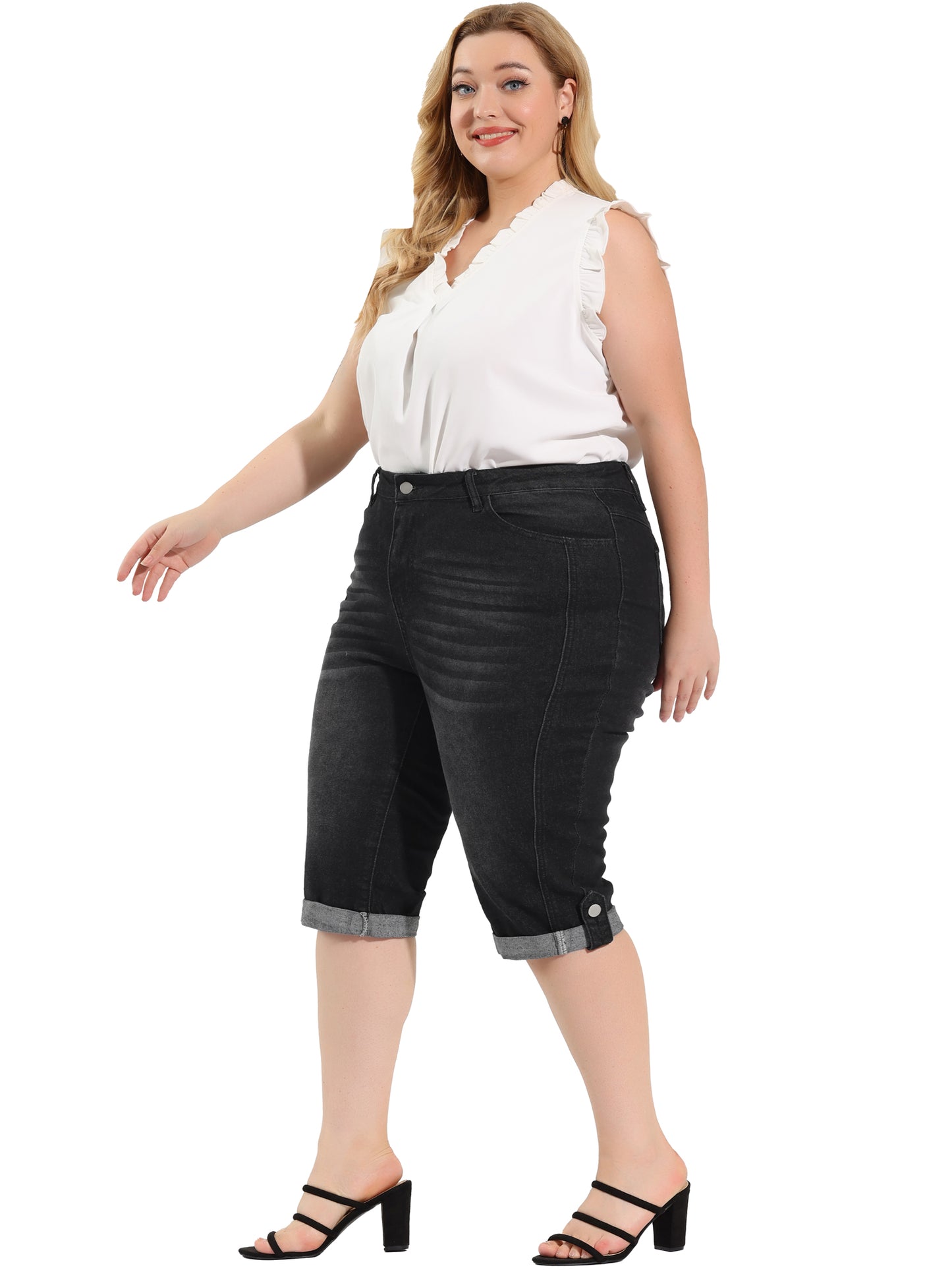 Women's Plus Size Capri Denim Jeans Mid-Rise Fit Curvy Stretch Skinny Jean Capris with Pocket